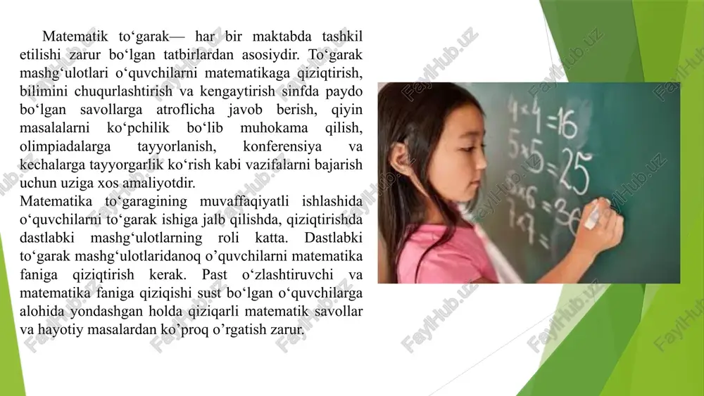 nlarni to‘g‘ri ishlatadi; muammoli vaziyatlarda to‘g‘ri yechim topadi. 6 № mavzu nomi maqsad amalga oshirish shakli 1 raqamlar olamiga sayohat raqamlarni tanish va o‘qish o‘yinli mashg‘ulot 2 qo‘shish va ayirishni o‘rganamiz arifmetik amallarni mustahkamlash amaliy topshiriqlar 3 geometrik shakllar aylana, uchburchak, to‘rtburchakni ajratish rasm chizish, qirqish 4 sonlar ketma-ketligi tartib bilan sanash va teskari sanash guruhli o‘yin 5 o‘lchov birliklari uzunlik, og‘irlik, hajmni farqlash tajriba va kuzatish 6 qiziqarli masalalar ijodiy fikrlashni rivojlantirish jamoaviy masala yechish 7 mantiqiy o‘yinlar tafakkurni rivojlantirish “kim tez topadi?” o‘yini 8 vaqt va soat kun, oy, yil tushunchalari amaliy soat modeli 9 pul birliklari bilan tanishish milliy valyutani o‘rganish rolli o‘yin “do‘koncha” 10 qiziqarli shakllar dunyosi shakllarni hayotdagi buyumlar bilan bog‘lash konstruktiv topshiriq 11 taqqoslash va o‘lchash katta-kichik, uzun-qisqa tushunchalari amaliy ish 12 qayta takrorlash va baholash o‘rganilganlarni mustahkamlash test va viktorina matematika to‘garagida o‘quvchilarning faolligini oshirish uchun ularning fanga bo‘lgan qiziqishini kuchaytirish, mustaqil fikrlashini …