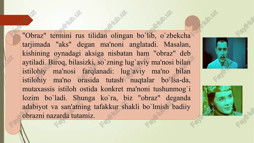 idan berilgan ta'rif "muallif xarakteristikasi" deb yuritiladi. muallif xarakteristikasida obrazning fe'l-atvoriga xos asosiy xususiyatlar bayon qilinadi. odatda muallif xarakteristikasi asarning boshlanish qismlarida yoxud konkret obraz asarga kirib kelgan o`rinlarda beriladi. muallif xarakteristikasi o`quvchida personaj haqida yaxlit tasavvur hosil qilib, uning keyingi xatti-harakatlarini, gap-so`zlarini anglashida muhim ahamiyat kasb etadi. badiiy asarda to`laqonli inson obrazini yaratishdagi muhim unsurlardan biri badiiy psixologizm sanaladi. badiiy psixologizm deyilganda personaj ruhiyatining ochib berilishi, uning xatti-harakatlari, gap-so`zlarining psixologik jihatdan asoslanishi tushuniladi va u mazkur vazifalarni amalga oshirishga xizmat qiluvchi qator usul, vositalarni o`z ichiga oladi. personaj o`y-kechinmalari, his-tuyg`ularining "ichki monolog", "ong oqimi" tarzida yoki muallif tilidan (o`ziniki bo`lmagan avtor gapi) bayon qilinishi psixologik tasvirning bevosita shakli hisoblanadi. asarda personaj ruhiyatining uning xatti-harakatlari, gap-so`zlari, yuz-ko`z ifodalari(mimikasi), undagi fiziologik o`zgarishlarni ko`rsatish orqali ochib berilishi bilvosita psixologik tasvirdir. adabiy asarda xarakter ruhiyatini ochish, umuman, inson obrazini yaratishning muhim vositalaridan yana biri personaj nutqidir. zamonaviy nasrda dialog salmog`ining ortishi barobari personaj …