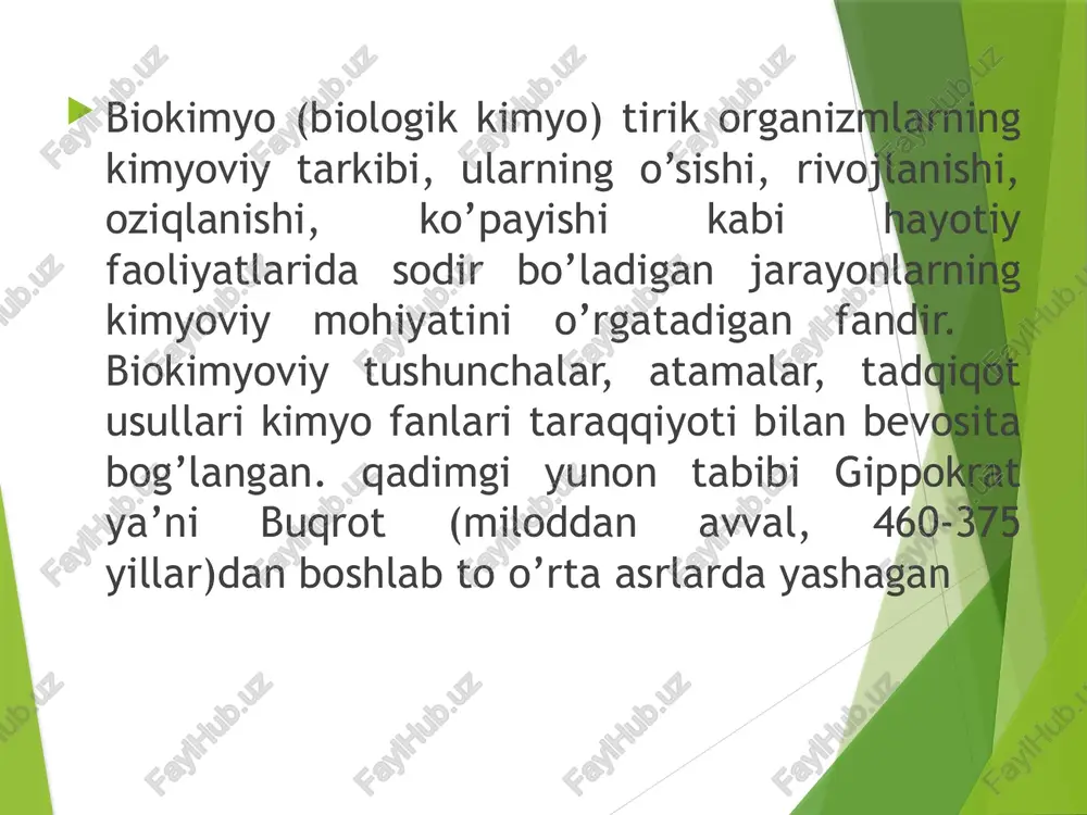 darajasida o’rganish imkoniyatlari yaratildi va biokimyoda molekulyar biokimyo yo’nalishi tez rivojlandi. bizning davrimizga kelib biokimyo va molekulyar biokimyo fanlari asosida, yagona fan, «biokimyo va molekulyar biologiya» rivojlandi. uning rivojlanishi, bevosita, quyidagi muhit kashfiyotlar bilan bog’langan: 1). 1953 yilda angliyaning kembrij universiteti olimlari jeyms uotson(u asli amerikalik genetik olim) bilan frensis krik( angliyalik fizik olim ) tomonidan dnk molekulasining ko’sh jiyakli(zanjirli) tuzilishi bilan uch o’lchovli fazoviy tuziilmasi(strukturasi)ni kashf etdilar. ularning tuzilishi bilan bajarayotgan ishi(funksiyasi) orasidagi bog’lanishlar o’rganiladi. biokimyo va molekulyar biologiyaning rivojlanishiga xx asrning ikkinchi yarmida qilingan juda muhim kashfiyotlar alohida ahamiyatga ega. 1957 yilda ingliz biokiyogarlaridan j. kendryu mioglobinni, oltmishinchi yillarda m. perus gemoglabinning uch o’lchovli strukturasini isbotlashdilar. ularning ko’rsatishicha: i struktura-polimer molekula nomerlarining ketma-ket birikishida hosil bo’ladi; 2-lamchi struktura - 1-lamchi strukturali biopolimerga vodorod bog’lari orqali birikish hisobidan fazoviy shaklda tuzilgan molekula hosil bo’ladi: 3-lamchi struktura - 2-lamchi strukturali molekulalarning fazoviy joylashishidan hosil bo’ladi. bunday muhim kashfiyotlarning yaratilishini yanya …