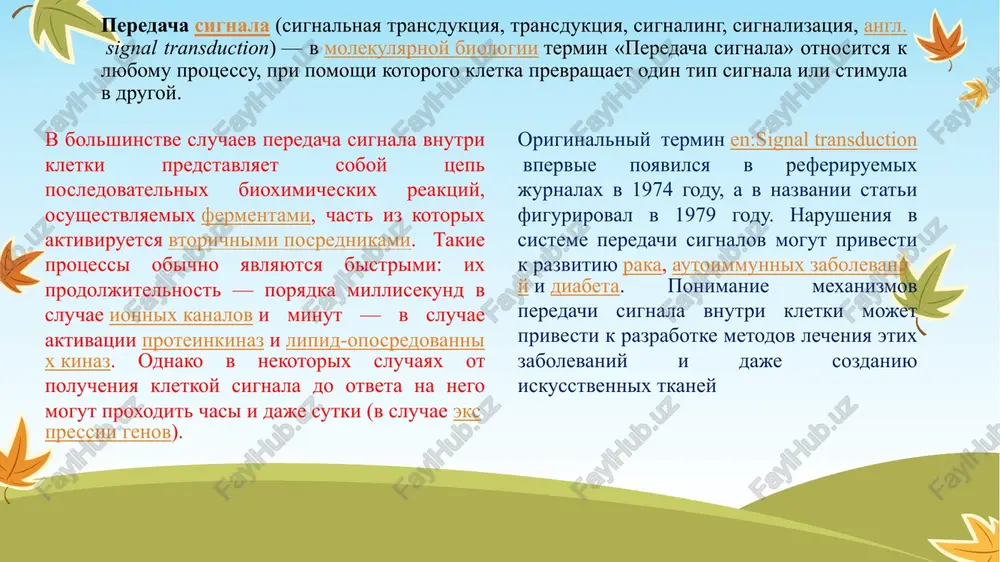 -sub'edinitsi g-belkov s gtf. retseptorlar hujayraning birlamchi messendjerlardan signalni qabul qilishi maxsus retseptorlar orqali amalga oshiriladi va ular uchun birlamchi messendjerlar ligand hisoblanadi. retseptor faoliyatini amalga oshirilishi uchun ular qator talablarga javob bera olishi lozim: ligandga nisbatan yuqori tanlovchanlikka ega bo'lishi kerak; ligandning bog'lanishi membrana sirtidagi retseptorlarning hammasi bandligi darajasida amalga oshirilishi kerak va membranadagi retseptorlarning soni chegaralangan; retseptorlar to'qima tanlovchanligiga ega bo'lishi va ushbu funktsiyaning organ to'qimalarida mavjud yoki mavjudmasligini namoyon eta olishi kerak; ligandning bog'lanishi va uning fiziologik yoki hujayraviy effekti qaytar bo'lishi lozim, retseptorning parametrlari ligandning fiziologik parametrlariga mos kelishi lozim. mexanizmlar signalning uzatilishi taxminan quyidagi sxema asosida kechadi: tashqi agentning (stimul) hujayra retseptorlari bilan bog'lanishi, tashqi membranada joylashgan va ikkilamchi messendjerlarning shakllanishiga javobgar bo'lgan effektor molekulaning faollanishi, ikkilamchi messendjerlarning hosil bo'lishi, oqsil-nishonlarning vositachilar ta'siridagi faollanishi va ularning ta'sirida keyingi vositachilarning paydo bo'lishiga turtki bo'lishi, vositachining yo'qolishi. gormonal signallarning hujayraga uzatilish mexanizmlari - peredacha gormonalnix signalov cherez …