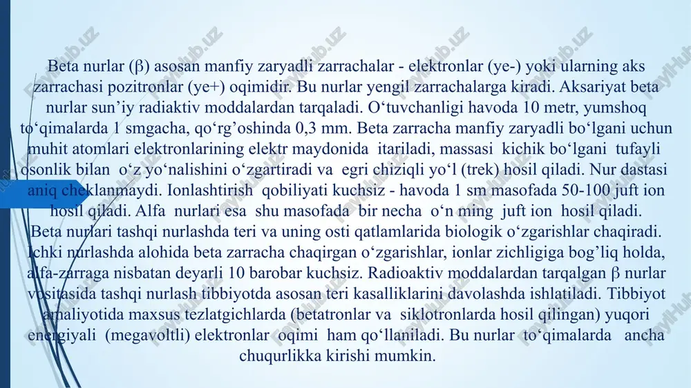radi. proton nurlari tibbiyotda tananing chuqur qismlarida yotgan kichik o‘smalarni davolashda keyingi yillarda qo‘llana boshladi. asosan tadqiqot maqsadlarida va yangi radioaktiv izotoplar olish uchun qo‘llanadi. deytronlar –(deyeriy 21n yadrosi) – 1 proton va 1 neytrondan iborat. tritonlar – (tretiy 31n yadrosi ) 1 proton va 2 neytrondan iborat zarrachalar. tadqiqot maqsadlarida maxsus tezlatgichlarda hosil qilinadi va radioaktiv izotoplar olishda qo‘llanadi. p - mezonlar - massasi elektron massasidan 236 marta og’ir zarrachalar. musbat va manfiy zaryadli p -mezonlar ma’lum. manfiy p -mezonlar tibbiyot amaliyotida nur terapiyasida qo‘llanadi. o‘tuvchanligi juda katta, tanaga kirishida dastlab protonlar kabi siyrak ionlar hosil qiladi. o‘tish yo‘lining oxirida atom yadrolari tomonidan tutiladi va uning parchalanishiga olib keladi. minnatyuradagi yadro portlash yuzaga keladi va shu sohada kuchli ionizasiya ro‘y beradi. kvant tabiatli nurlar - energiya porsiyalari yoki fizikaviy iborani ishlatsak fotonlar oqimidir. bu nurlarga radioto‘lqinlar, infraqizil, yorug’lik kabi muhitni ionlashtirmaydigan, - oraliq holatdagi ultrabinafsha va ionlovchi xususiyatga ega …