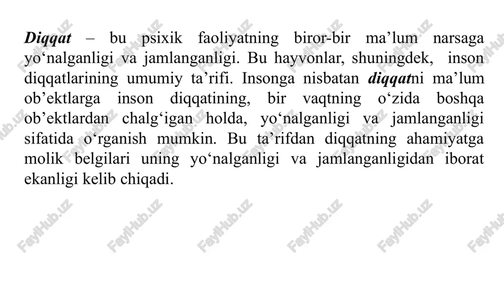 muman bilish faolligining sifati va natijalari aniqlanadi. perseptiv jarayonlar uchun diqqat tasvirlar chizgilarini farqlash imkonini beruvchi o‘ziga xos kuchaytirgich bo‘lib hisoblanadi, inson xotirasi uchun diqqat qisqa muddatli va operativ xotirada kerakli ma’lumotni saqlab turuvchi omil, yodda saqlangan ma’lumotni uzoq muddatli xotira zahirasiga o‘tkazishining zarur sharti, tafakkur uchun esa masalani tushungan holda echimini topishning shartli omili sifatida namoyon bo‘ladi. diqqat boshqa psixik jarayonlar qatori ma’lum fiziologik hodisalar bilan bog‘liq. ma’lum yo‘nalishdagi alohida qo‘zg‘atuvchilarni ajratish va jarayonlar kechishining fiziologik asosini ba’zi nerv markazlarining qo‘zg‘alishi, boshqalarining esa tormozlanishi tashkil etadi. odamga ta’sir ko‘rsatayotgan seskantiruvchi retikulyar formatsiya tomonidan amalga oshiriladigan miya faollashishini yuzaga keltiradi.[1] retikulyar formatsiyaning «ishga tushirish» mexanizmlari ichida taxminiy refleksni alohida ta’kidlab o‘tish joiz, bu refleks odam v hayvon organizmlarining atrof-muhitning barcha o‘zgarishlariga nisbatan tug‘ma reaksiyasidir. masalan, xonada shitirlagan ovoz eshitilishi bilanoq, mushuk bolasi cho‘chib tushib, tovush kelgan tomonga ko‘zlarini qadaydi. darsda o‘quvchilar fikrlarini jamlagan holda insho yozmoqdalar. birdan sinf eshigi qiya …