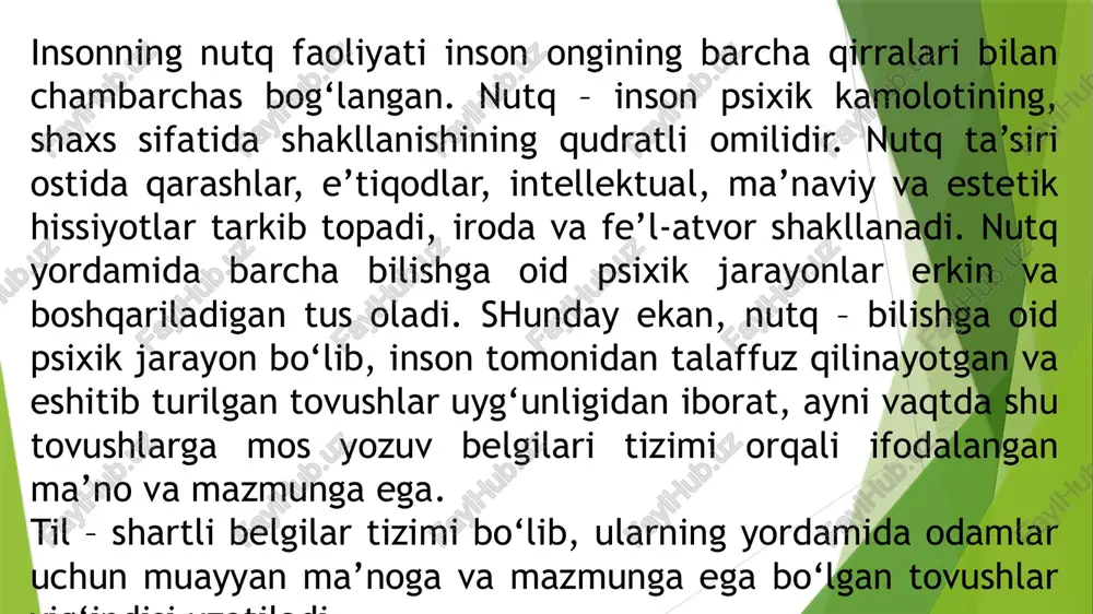 arni muloqotda qo‘llash uchun ma’noli iboralarga birlashtirish qoidalari tizimi, shuningdek, turli ko‘rinish va shakllardagi (matnlar, chizmalar, suratlar), axborot yozish, etkazish va saqlashning texnik vositalari (radio- va videotexnika, yozuvning mexanik, magnitli, lazerli va boshqa shakllari) dagi belgilar tizimlari va yozuvdan iborat. 2. ohang, emotsional ifodalanganlik, bir xil iboraga turlicha ma’no berishga qodir. 3. suhbatdoshning mimikasi, gavda holati, nigohi ibora ma’nosini kuchaytirishi, to‘ldirishi yoki rad etishi mumkin. 4. imo-ishoralar muloqot vositasi sifatida umumiy qabul qilingan, ya’ni, belgilangan ma’noga ega bo‘lishi yoki ekspressiv, ya’ni, nutqning ifodaliligini yanada oshirishi mumkin. 5. suhbatdoshlar muloqotidagi masofa madaniy, milliy an’analarga, suhbatdoshga bo‘lgan ishonch darajasiga bog‘liq bo‘ladi. muloqot quyidagi bosqichlarga bo‘linadi: - muloqotga bo‘lga ehtiyoj (axborotni etkazish yoki undan xabardor bo‘lish, suhbatdoshga ta’sir ko‘rsatish zarur, va h.k.) boshqa odamlar bilan aloqaga kirishishga undaydi; - muloqot maqsadlari, muloqot vaziyatini to‘g‘ri belgilash; - suhbatdosh shaxsini belgilash; - o‘z muloqoti mazmunini rejalashtirish, odam aynan nima haqida so‘z yuritishini tasavvur qiladi (odatda …