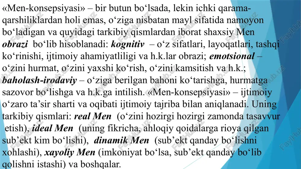 boshqa fanlar bo‘yicha erishilgan yutuqlarning qay darajada yaxshi va yuqoriligida namoyon bo‘ladigan akademik yutuqlarning umumiy jihatdan baholanishi; b) shaxsiy yutuqlarning bir xil ijtimoiy guruh yoki bir avlodga mansub bo‘lgan boshqa odamlarning yutuqlari bilan qiyoslashtirish asosida shakllanadigan akademik yutuqlarning ijtimoiy jihatdan baholanishi. ijtimoiy nuqtai nazarga ko‘ra, «men-konsepsiyasi» atrofdagi odamlar bilan – oila doirasida, qo‘shnilar orasida, ishxonada o‘zaro munosabatlarning o‘rnatilishiga bog‘liq bo‘ladi. ijtimoiy «men» bizning boshqa odamlar, jamiyat hayotiga kirgan holda bu jamiyatga nisbatan ba’zi bir majburiyatlarni bajarishimiz, boshqacha aytganda, ijtimoiy rollar: o‘quvchi, o‘g‘il-qiz, do‘st, sportchi, a’lochi, yigit, qiz bolaning rolini o‘ynaganimiz yuzasidan paydo bo‘ladi. biz boshqa odamlar bilan rollar darajasidagi muloqotda juda ko‘p vaqtimizni o‘tkazamiz. transshaxsiy nuqtai nazarga ko‘ra, «men-konsepsiyasi» hayot mazmuni muammosini hal etishga mas’ul bo‘lganligi, inson diniy qarashlari yoki ularning mavjud emasligi bilan bevosita bog‘liqligi sababidan muhimdir. umuman olganda, odamning nechtagacha «men»i bo‘lishi mumkin? keling, yuqorida keltirilgan ba’zi «men»larni sanab o‘tamiz. 1. «sub’ektiv (nohaqlik) men» – bu da’vogarlik darajasi, …
