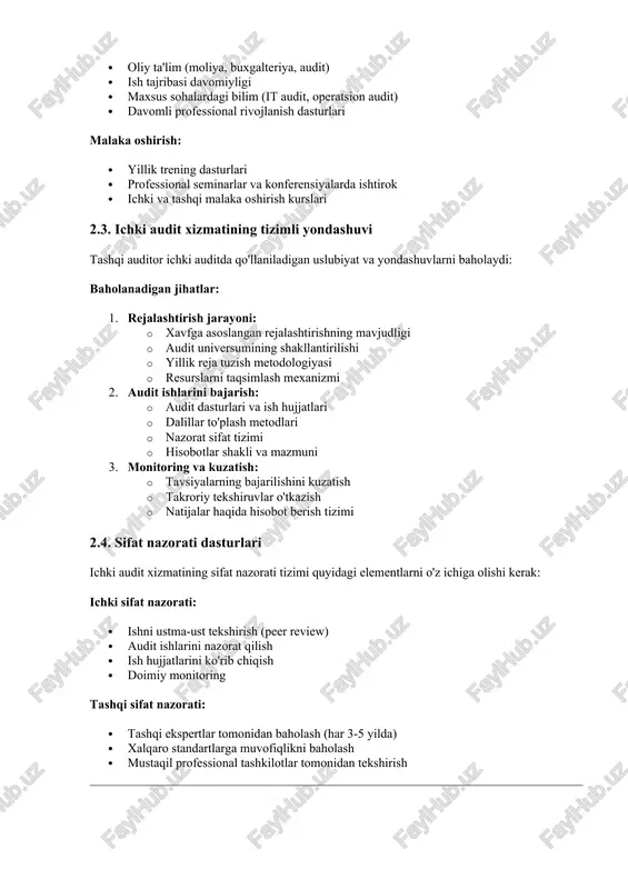 aholanadigan jihatlar: 1. rejalashtirish jarayoni: · xavfga asoslangan rejalashtirishning mavjudligi · audit universumining shakllantirilishi · yillik reja tuzish metodologiyasi · resurslarni taqsimlash mexanizmi 2. audit ishlarini bajarish: · audit dasturlari va ish hujjatlari · dalillar to'plash metodlari · nazorat sifat tizimi · hisobotlar shakli va mazmuni 3. monitoring va kuzatish: · tavsiyalarning bajarilishini kuzatish · takroriy tekshiruvlar o'tkazish · natijalar haqida hisobot berish tizimi 2.4. sifat nazorati dasturlari ichki audit xizmatining sifat nazorati tizimi quyidagi elementlarni o'z ichiga olishi kerak: ichki sifat nazorati: · ishni ustma-ust tekshirish (peer review) · audit ishlarini nazorat qilish · ish hujjatlarini ko'rib chiqish · doimiy monitoring tashqi sifat nazorati: · tashqi ekspertlar tomonidan baholash (har 3-5 yilda) · xalqaro standartlarga muvofiqlikni baholash · mustaqil professional tashkilotlar tomonidan tekshirish 3-bob. ichki audit ishidan foydalanishni rejalashtirish 3.1. foydalanish imkoniyatlarini aniqlash tashqi auditor ichki audit ishidan qaysi sohalarda foydalanish mumkinligini aniqlaydi: foydalanish mumkin bo'lgan sohalar: 1. tashkilot …