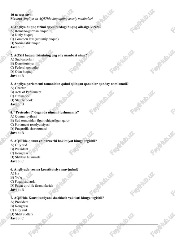 qonunlar d) odat huquqi javob: b 3. angliya parlamenti tomonidan qabul qilingan qonunlar qanday nomlanadi? a) charter b) acts of parliament c) ordinance d) statute book javob: b 4. “pretsedent” deganda nimani tushunamiz? a) qonun loyihasi b) sud tomonidan ilgari chiqarilgan qaror c) parlament rezolyutsiyasi d) fuqarolik shartnomasi javob: b 5. aqshda qonun chiqaruvchi hokimiyat kimga tegishli? a) oliy sud b) prezident c) kongress d) shtatlar hukumati javob: c 6. angliyada yozma konstitutsiya mavjudmi? a) ha b) yo‘q c) faqat sudlarda d) faqat qirollik farmonlarida javob: b 7. aqshda konstitutsiyani sharhlash vakolati kimga tegishli? a) prezident b) kongress c) oliy sud d) shtat sudlari javob: c 8. angliya huquq tizimida “equity law” nimani anglatadi? a) soliq qonunchiligi b) adolat tamoyillariga asoslangan huquq c) parlament qonunlari d) jinoyat kodeksi javob: b 9. aqshda “bill of rights” nima? a) federal soliq qonuni b) konstitutsiyaga kiritilgan inson huquqlari tuzatmalari c) kongress qarori d) …