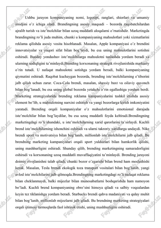 qiladi. bu brendning marketing kampaniyalari orqali sport yulduzlari bilan hamkorlik qilishi, uning mashhurligini oshiradi. shunday qilib, brending marketingning samaradorligini oshiradi va korxonaning uzoq muddatli muvaffaqiyatini ta’minlaydi. brending jarayoni doimiy rivojlanishni talab qiladi, chunki bozor o’zgarishi bilan brend ham moslashishi kerak. masalan, tesla brendi ekologik toza transport vositalari bilan bog’lanib, yangi avlod iste’molchilarini jalb qilmoqda.brendingning marketingdagi ro’li nafaqat reklama bilan cheklanmaydi, balki mijozlar bilan munosabatlarni boshqarishda ham namoyon bo’ladi. kuchli brend kompaniyaning obro’sini himoya qiladi va salbiy voqealardan keyin tez tiklanishga yordam beradi. starbucks brendi qahva madaniyati va qulay muhit bilan bog’lanib, millionlab mijozlarni jalb qiladi. bu brendning marketing strategiyalari orqali ijtimoiy tarmoqlarda faol ishtirok etishi, uning mashhurligini oshiradi. shunday qilib, brending marketingning asosiy qismi bo’lib, korxonaning bozordagi mavqeini mustahkamlaydi. iste’mol bozori mohiyati, tarkibi va segmentlari iste’mol bozori – bu shaxsiy ehtiyojlarni qondirish uchun mahsulot va xizmatlarni sotib oluvchi shaxslar va oilalarning yig’indisi. uning mohiyati shundaki, u iste’molchilarning talabini shakllantiradi va …