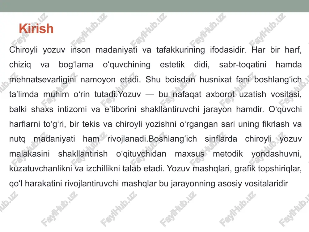 i inobatga olgan holda mashg‘ulotlarni tashkil etish o'quvchilarning individual xususiyatlarini (yosh, psixik rivojlanish, dominant qo'l) hisobga olgan holda mashg'ulotlarni tashkil etish ta'lim samaradorligini oshiradi. masalan, chap qo'l bilan yozuvchilar uchun maxsus mashqlar (masalan, oyna tasvirida yozishni oldini olish uchun fazoviy orientatsiya o'yinlari) kerak. bu jarayonda o'quvchilarning ko'rish, eshitish va motor qobiliyatlarini baholash muhimdir. tashkilot usullari o'yin elementlarini qo'shish orqali motivatsiyani oshirish, chunki bolalar hayotiga oid matnlar qiziqish uyg'otadi. differensial yondashuv jamoaviy va individual ish qiyin yozuvchi o'quvchilar uchun qo'shimcha mashqlar (barmoq massaji, havoda yozish), tez yozuvchilar uchun murakkab matnlar psixologik sharoit guruhda solishtirish, individualda xatolarni tuzatish. chiroyli yozuv malakasini shakllantirish usullari chiroyli yozuv malakasi nafaqat estetik ko'rinishga ega bo'lgan harf va satrlarning uyg'unligini, balki o'quvchining fikrlarini ravon va ravon ifodalash qobiliyatini ham aks ettiradi. bu malaka bolaning o'qish va yozish jarayonida muhim rol o'ynaydi, chunki u o'z-o'zini ifoda etish, maktab darslarida muvaffaqiyat va hatto kasbiy hayotda ishonchli muloqot vositasiga aylanadi. …