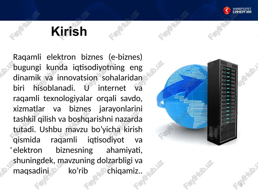 znesni tashkil etish va boshqarish jarayoni zamonaviy texnologiyalarga asoslangan yondashuvlarni talab etadi. ushbu bobda raqamli elektron biznesni boshqarishning asosiy yo’nalishlari ko’rib chiqiladi. xususan, sun’iy intellekt va katta ma’lumotlar texnologiyalaridan foydalanish, elektron biznesda raqamli xavfsizlik va ma’lumotlarni himoya qilish masalalari hamda o’zbekistonda raqamli biznesni rivojlantirishning kelajakdagi yo’nalishlari muhokama qilinadi. raqamli elektron biznesni boshqarishning zamonaviy yondashuvlari raqamli elektron biznes: tashkil qilish va boshqarish ko’rsatkich raqamli elektron biznes an’anaviy biznes samaradorlik foydasi xarajatlar kamayishi 40-60% (avtomatlashtirish) 100% (qo’l mehnati) 2-3 barobar tejash daromad o’sishi 25-35% yillik 5-10% yillik 3-5 barobar tezroq mijozlar soni yetkazib berish 24/7, global (99% yetkazish) mahalliy (70%) 10 barobar kengayish roi (investitsiya qaytarilishi) 200-400% (1 yilda) 50-100% (2-3 yilda) 4 barobar yuqori xavf darajasi past (raqamli backup) yuqori (fizikaviy) 70% xavfsizroq 17 18 xulosa raqamli elektron biznes zamonaviy iqtisodiyotning ajralmas qismi hisoblanadi. u korxona va tashkilotlarga mahsulot hamda xizmatlarni internet orqali taqdim etish, xaridorlar bilan to‘g‘ridan-to‘g‘ri aloqa o‘rnatish imkonini …