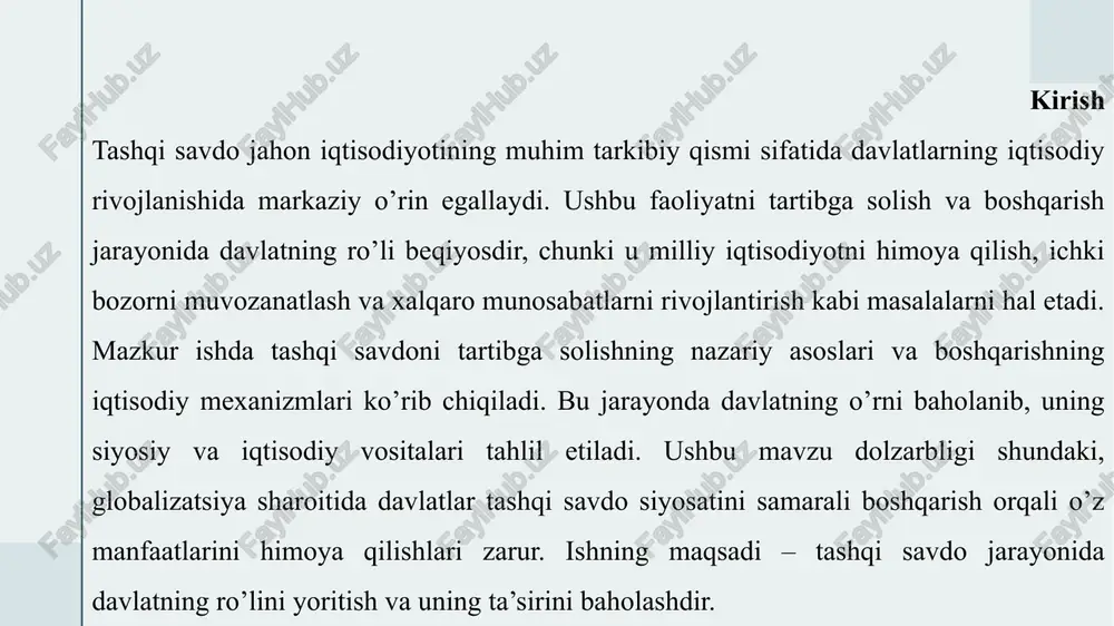 nadi, bu esa mavzuni baholashda asosiy masaladir. 8 8 tashqi savdoni tartibga solishning asosiy usullari (bevosita va bilvosita) tashqi savdoni tartibga solishning asosiy usullari bevosita va bilvosita usullarga bo’linadi. bevosita usullar davlatning to’g’ridan-to’g’ri aralashuvini o’z ichiga oladi, bilvosita usullar esa iqtisodiy rag’batlar orqali amalga oshiriladi.bevosita usullar bojxona tariflari, kvotalar va litsenziyalar orqali amalga oshiriladi. bojxona tariflari import tovarlariga solinadigan soliq bo’lib, ular milliy ishlab chiqaruvchilarni himoya qiladi. masalan, aqshning po’lat importiga qo’yilgan tariflar milliy sanoatni qo’llab-quvvatladi. kvotalar import hajmini cheklash orqali ishlaydi, litsenziyalar esa maxsus ruxsatlar talab qiladi.bilvosita usullar valyuta kursi, subsidiyalar va soliq imtiyozlari orqali amalga oshiriladi. 9 9 10 tarif va notarif tartibga solish choralari (bojxona to‘lovlari, kvotalar, litsenziyalar) 11 tarif choralari bojxona to’lovlari orqali amalga oshiriladi, ular import tovarlariga solinadigan soliqdir. bu choralar milliy bozorni himoya qiladi va davlat byudjetini oshiradi. masalan, yevropa ittifoqining qishloq xo’jaligi tariflari ichki fermerlarni qo’llab-quvvatlaydi.notarif choralari kvotalar va litsenziyalar orqali ishlaydi. kvotalar …