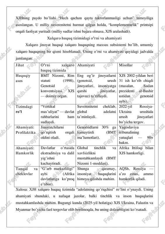 hga qaratilgan huquqiy normalar majmuasini ifodalaydi. ushbu soha asosan shaxslar tomonidan sodir etilgan va xalqaro hamjamiyatni jiddiy ravishda xavotirga soladigan og’ir jinoyatlarni tartibga soladi. xalqaro jinoyat huquqining asosiy tushunchasi shundan iboratki, u milliy huquq tizimlaridan farqli o’laroq, davlat chegaralaridan tashqariga chiqib, universal qadriyatlarga asoslangan javobgarlik mexanizmlarini o’rnatadi. bu huquqiy soha ikkinchi jahon urushidan keyin shakllangan bo’lib, unda shaxsiy harakatlarning xalqaro miqyosda baholanishi va jazolanishi ta’kidlanadi.xalqaro jinoyat huquqining predmeti asosan to’rt asosiy toifadagi jinoyatlarni o’z ichiga oladi: genocid, urush jinoyatlari, insoniyatga qarshi jinoyatlar va tajovuz jinoyati. ushbu predmetlarning mohiyati shundaki, ular nafaqat individual shaxslarga, balki butun jamiyat yoki insoniyatga qarshi qaratilgan bo’lib, ularning oqibatlari uzoq muddatli va global xususiyatga ega. masalan, genocid predmeti sifatida ma’lum bir millat yoki etnik guruhni yo’q qilishga qaratilgan harakatlarni o’rganadi, bu esa xalqaro huquqiy normalarda aniq belgilangan. xalqaro jinoyat huquqining tushunchasi evolyutsiyasi jarayonida, bu soha milliy sudlarning cheklovlarini yengib o’tib, universal yurisdiktsiyani ta’minlashga yo’naltirilgan. ushbu huquqiy …