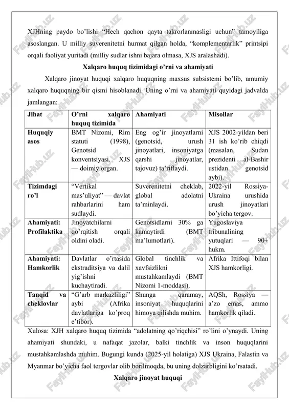 ga qaratilgan huquqiy normalar majmuasini ifodalaydi. ushbu soha asosan shaxslar tomonidan sodir etilgan va xalqaro hamjamiyatni jiddiy ravishda xavotirga soladigan og’ir jinoyatlarni tartibga soladi. xalqaro jinoyat huquqining asosiy tushunchasi shundan iboratki, u milliy huquq tizimlaridan farqli o’laroq, davlat chegaralaridan tashqariga chiqib, universal qadriyatlarga asoslangan javobgarlik mexanizmlarini o’rnatadi. bu huquqiy soha ikkinchi jahon urushidan keyin shakllangan bo’lib, unda shaxsiy harakatlarning xalqaro miqyosda baholanishi va jazolanishi ta’kidlanadi.xalqaro jinoyat huquqining predmeti asosan to’rt asosiy toifadagi jinoyatlarni o’z ichiga oladi: genocid, urush jinoyatlari, insoniyatga qarshi jinoyatlar va tajovuz jinoyati. ushbu predmetlarning mohiyati shundaki, ular nafaqat individual shaxslarga, balki butun jamiyat yoki insoniyatga qarshi qaratilgan bo’lib, ularning oqibatlari uzoq muddatli va global xususiyatga ega. masalan, genocid predmeti sifatida ma’lum bir millat yoki etnik guruhni yo’q qilishga qaratilgan harakatlarni o’rganadi, bu esa xalqaro huquqiy normalarda aniq belgilangan. xalqaro jinoyat huquqining tushunchasi evolyutsiyasi jarayonida, bu soha milliy sudlarning cheklovlarini yengib o’tib, universal yurisdiktsiyani ta’minlashga yo’naltirilgan. ushbu huquqiy …