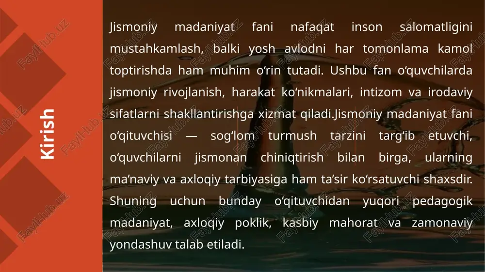 shlash va malaka oshirish jismoniy madaniyat o‘qituvchisining pedagogik madaniyatini takomillashtirishning asosiy kalitidir. bu jarayon o‘qituvchining doimiy o‘sishi, yangi bilimlarni o‘zlashtirishi va professional ko‘nikmalarini mustahkamlashini anglatadi. zamonaviy ta’limda o‘qituvchi statik shaxs emas, balki dinamik rivojlanuvchi sub’ektdir, shuning uchun o‘z ustida ishlash nafaqat shaxsiy mas’uliyat, balki kasbiy burchdir tajriba almashish, ilg‘or pedagogik faoliyatni o‘rganish va amaliyotga joriy etish tajriba almashish va ilg‘or pedagogik faoliyatni o‘rganish jismoniy madaniyat o‘qituvchisining madaniyatini takomillashtirishda kollektiv yondashuvni taqozo etadi. bu jarayon o‘qituvchilarni bir-birining tajribasidan o‘rganishga, yangi g‘oyalarni muhokama qilishga va ularni o‘z amaliyotida sinashga undaydi. ilg‘or faoliyatni o‘rganish orqali o‘qituvchi global va mahalliy tajribalarni birlashtirib, o‘z faoliyatini boyitadi, bu esa pedagogik madaniyatning ijtimoiy va professional o‘lchovlarini kengaytiradi. xulosa jismoniy madaniyat o‘qituvchisining pedagogik madaniyatini takomillashtirish yo‘llari – innovatsion texnologiyalarni tatbiq etish, o‘z ustida ishlash va tajriba almashish – bir-biri bilan uzviy bog‘liq bo‘lib, ularning uyg‘unligi ta’lim jarayonining yuqori samaradorligini ta’minlaydi. bu yo‘llar o‘qituvchini nafaqat texnik mutaxassis, balki ijodiy …