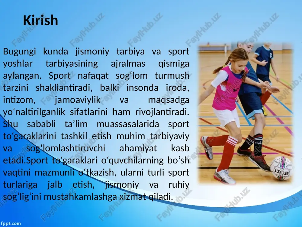 on tomir kasalliklari va depressiya kabi muammolar kuchaymoqda. sport to‘garaklari bu muammolarni hal qilishda samarali vosita bo‘lib, yoshlarni haftada bir necha marta mashg‘ulotlar orqali faol hayotga jalb qiladi sog‘lom turmush tarzini shakllantirishdagi o‘rni sog‘lom turmush tarzini shakllantirishdagi o‘rni sport turlari bo‘yicha to‘garaklarni tashkil etish yoshlar jismoniy va ma’naviy rivojlanishida muhim o‘rin egallaydi. bunday to‘garaklar o‘quvchilarga sog‘lom turmush tarzini shakllantirish, o‘z qiziqishlari va qobiliyatlarini namoyon etish imkonini beradi.sport mashg‘ulotlari jarayonida yoshlar jamoaviylik, intizom, g‘alabaga intilish va o‘z ustida ishlash ko‘nikmalarini egallaydi. shu bilan birga, ularning sog‘lig‘i mustahkamlanadi, irodasi kuchayadi va bo‘sh vaqtlarini foydali o‘tkazish madaniyati shakllanadi.sport to‘garaklarini samarali tashkil etish uchun tajribali murabbiylar, qulay sharoitlar va zamonaviy jihozlar zarur. xulosa o‘zbekiston respublikasi konstitutsiyasi. – toshkent: o‘zbekiston, 2023. “jismoniy tarbiya va sport to‘g‘risida”gi o‘zbekiston respublikasi qonuni. – toshkent, 2021. karimov i.a. “yuksak ma’naviyat – yengilmas kuch”. – toshkent: ma’naviyat, 2008. o‘zbekiston respublikasi prezidentining “sport sohasini rivojlantirish chora-tadbirlari to‘g‘risida”gi farmoni. – 2020. xolmatov …
