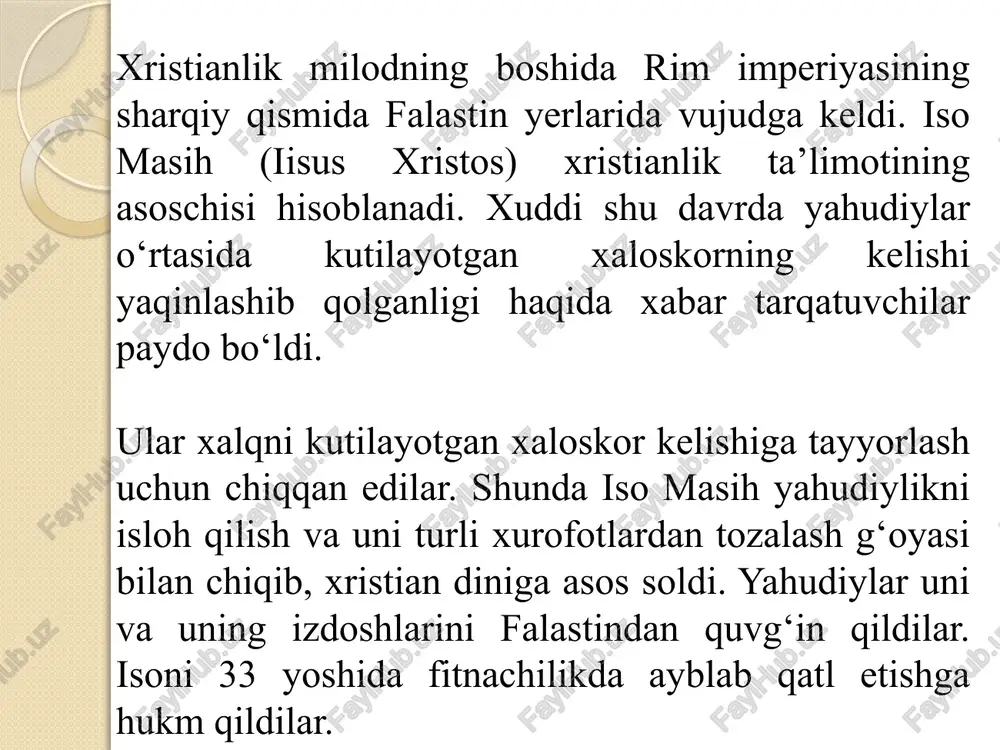 da uzil-kesil ajralish ro‘y berdi va bu ajralish 1054-yili rasman tan olindi. xvi asr boshlarida katolikdan bir necha yevropa cherkovlari ajralib chiqishi natijasida xristianlikda protestantlik harakatlari vujudga keldi. buning natijasida lyuteranlik, baptistlik, anglikanlik va kalvinlik cherkovlari shakllandi. pravoslav yo‘nalishi. pravoslav yo‘nalishi xristianlikning uch asosiy yo‘nalishidan biri o‘laroq, tarixan uning sharqiy shahobchasi sifatida ro‘yobga chiqdi va shakllandi. bu oqim, asosan, sharqiy yevropa, yaqin sharq va bolqon mamlakatlarida tarqalgan. pravoslav atamasi yunoncha ortodoksiya so‘zidan olingan bo‘lib, ilk davr xristian yozuvchilari asarlarida uchraydi. pravoslavlikning kitobiy asoslari vizantiyada shakllandi, chunki bu yo‘nalish u yerdagi hukmron din edi. xristianlikning sharqiy tarmog‘i bo‘lmish pravoslaviyaning rivojlanishi jarayonida 15 mustaqil (avtokefal) cherkov: konstantinopol, aleksandriya, antioxiya, quddus, gruzin, serb, rumin, bolgar, kipr, ellada, alban, polyak, chexiya, slovakiya, rus va amerika cherkovlari vujudga keldi. bu cherkovlardan eng kattasi rus pravoslav cherkovi (rpch boshqa rasmiy nomi moskva patriarxati). avtokefal cherkovlar bilan birga avtonomiya maqomidagi sinay, fin va yapon cherkovlari faoliyat olib …