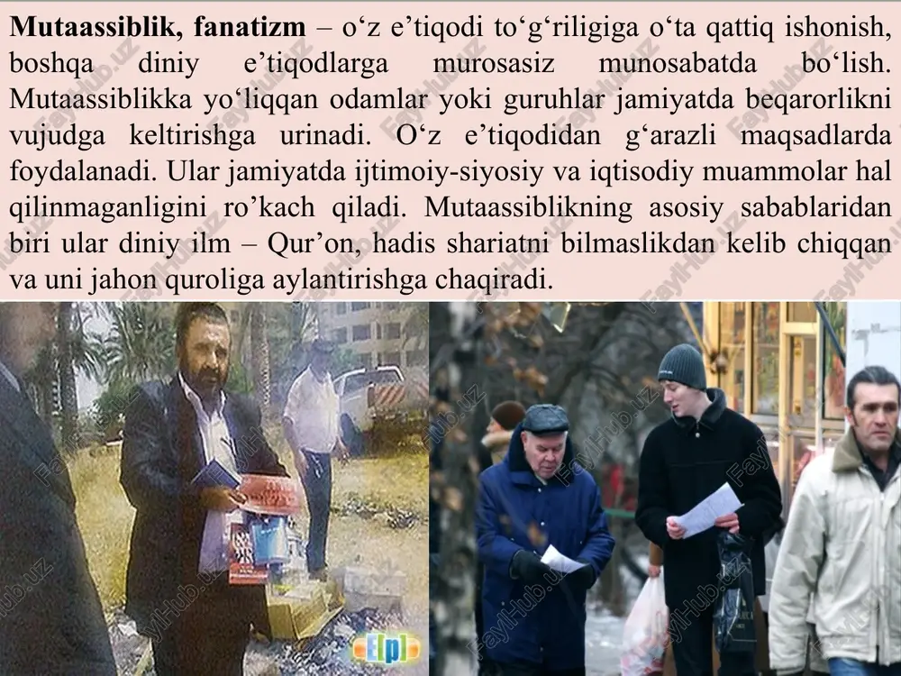 urf-odatlardan voz kechish, boshqa dinlarga murosasiz bo’lish kerak. aziz-avliyolarni, marhumlar qabrini ziyorat qilishni rad etadi, ayollar yuzini ochib yurishga qarshi, erkaklar bilan teng huquqini rad etish kabi. diniy ekstremizm – afg’oniston, jazoir, yaqin sharq, iroq va shom islom davlatida faoliyat ko’rsatib terrorchilik amallari oqibatida minglab begunoh kishilar halok bo’lmoqda. 1999 yil 16 fevralda toshkentda, keyinchalik toshkent viloyati yangiobod shahri yaqinida, surxondaryo viloyati (2000 yil avgust) sariosiyo va uzun tumanlarida, 2005 yil 12-13 mayda andijon voqeasi bilan bog’liq va hokazo. “yoshlarning diniy ekstremistik oqimlar ta’siridan asrash masalasi barchamiz uchun eng asosiy masala bo’lib turibdi”, “xalqimiz o’rtasida keng tarqalgan “o’z uyingni o’zing asra!” degan da’vatga bugun “o’z bolangni o’zing asra!” deb qo’shimcha kiritish vaqti keldi” (shavkat mirziyoev. 1-jild, 475-betlar, 2017.) terrorizm (lot. terror – qo’rquv, dahshat) – yuksak ma’naviy tamoyillarga zid ravishda yovuz maqsadlar yo’lida kuch ishlatib, odamlarni garovga olish, o’ldirish, ijtimoiy ob’ektlarni portlatish, xalqni qo’rquv va vahimaga solishga asoslangan zo’rovonlik usulini …