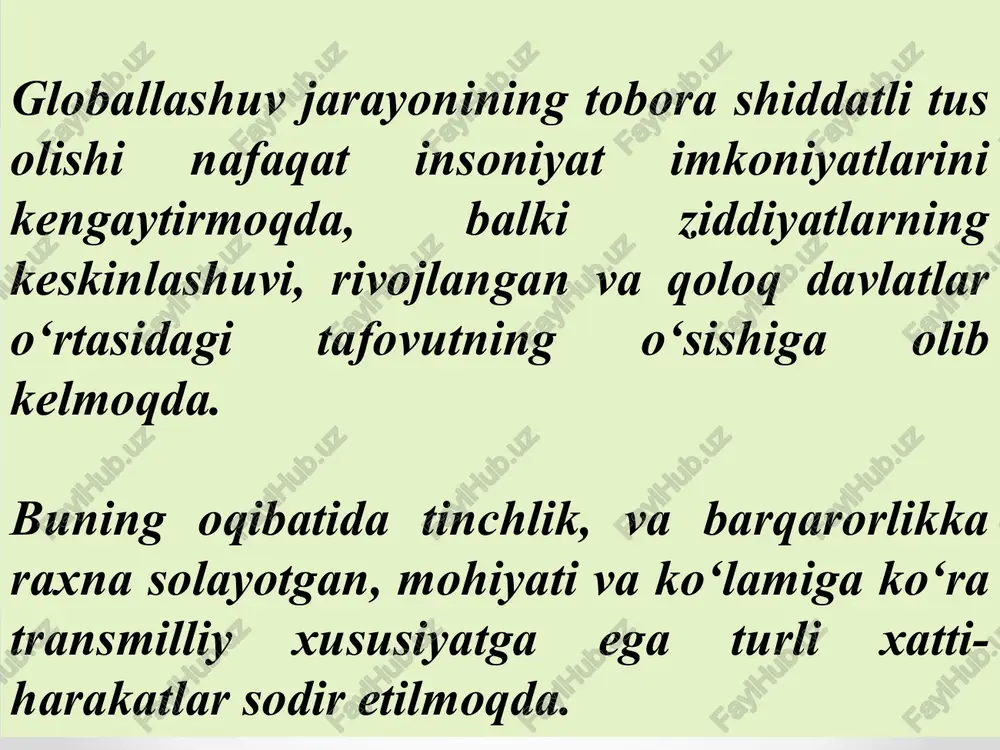 a har qandaay millat, katta-kichikligidan qat’iy nazar til, madaniyat va boshqa xususiyatlar insoniyatning boyligidir. uning yo‘q bo‘lib ketishi yer yuzidagi milliy va genetik fondning, shaxs imkoniyatlarining qashshoqlashuviga olib keladi. 8. integratsiyalashuv tendentsiyalari, ma’lum darajada kosmopolitizm ko‘rinishida bo‘lib, globallashuv jarayonida o‘z ifodasini topmoqda. mdh ning yuzaga kelishi, bozor xo‘jaligi iqtisodiyotiga o‘tishi va hokazo globallashuvning yana bir kuchli omiliga aylandi. globallashuv migratsiya (aholining siljishi) jarayoni bilan ham bog‘liq. migratsiya tufayli muhojirlar orasida uyushgan jinoyatchilar, nizolar salbiy ta’sir qilishi mumkin. 2005 yil noyabrida frantsiya, belgiya, germaniya (ayniqsa 2014-2016 y.) shaharlarida tartibsizliklar bo‘lib o‘tdi. 9. o’zbekistonda faoliyat ko‘rsatayotgan xalqaro tashkilotlar har doim ham olijanob maqsadlarni ko‘zlayvermaydi. masalan, “xxi asr liderlari” kabi mavzularda o‘tkaziladigan seminarlarda ular iqtidorli yoshlarni “tanlashda hokimiyatga yordam” beradi. biroq bunda ular avvalo, o‘z manfaatini ko‘zlaydi. so‘ngra chet elga muntazam safarlar uyushtiradi. simpozium, seminarlar davomida bu odamlarning ongiga g‘oyat ustalik bilan ta’sir o‘tkaziladi. shu tariqa “dunyo fuqarosi” deb ataladigan kishilar toifasi tayyorlanadi. …