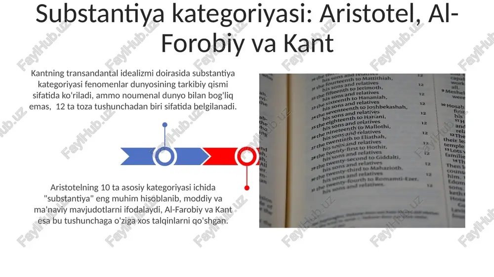 xususan, quvonch va vaqt tushunchalarini tahlil qilishda muhim rol o‘ynaydi, ularning o‘zaro bog‘liqligi va farqlarini ko‘rsatib beradi. joy va vaqt kategoriyalari: aristotel, al-forobiy va kant nazariyalarida uch falsafiy maktab kategoriya tizimlarining o'zaro bog'liqligi aristotelning 10 ta asosiy kategoriyasi al-farobiy tomonidan qayta ko'rib chiqilib, metafizik tushunchalar bilan boyitilgan va 5 ta asosiy kategoriyaga qisqartirilgan. uch falsafiy maktabning kategoriya tizimlarini taqqoslash ularning ontologik va epistemologik farqlarini, shuningdek, umumiy elementlarini aniqlashga yordam beradi. al-forobiyning kategoriyalar haqidagi qarashlari uning kategoriyalar tizimi, aristoteldagi kabi, moddiy va ma'naviy dunyolarni tasvirlash uchun ishlatilgan, shuningdek, mantiq va metafizika uchun asos bo'lib xizmat qilgan. al-farobiy aristoteldan farqli o'laroq, 9 ta emas, balki 10 ta kategoriyani ajratgan bo'lib, ularning orasida "mavjudlik" kategoriyasi ham mavjud edi. sifat kategoriyasi: uch falsafiy maktabda aristotel`ning 10 ta asosiy kategoriyasi, al-farobiyning metafizik tasnifi va kantning transandantal estetikasi kategoriyalarni tahlil qilishda turlicha yondashuvlarni namoyon etadi. kantning 12 ta toza aql kategoriyalari, aristotel va al-farobiyning kategoriyalar tizimidan …