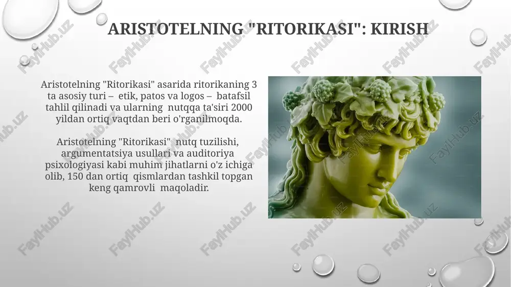 ab qiladi. xulosa va muhokama aristotel ritorikaga oid 5 ta kanondan biri bo'lgan "xulosa va muhokama" bo'limida efektiv xulosa chiqarish uchun 3 ta muhim omil: aniqlik, qisqalik va ishonchlilik ta'kidlanadi. aristotelning "ritorika" asarida 3 ta asosiy nutq turi – sud-huquqiy, siyosiy va bayonot nutqlari aniqlanib, ularning har biri uchun maxsus usullar tavsiya etiladi. topikalar va argumentlar aristotel "topika"da samarali argumentlarni yaratish uchun 5 ta asosiy qadamni, shu jumladan, mavzuga oid faktlarni to'plash va ularni mantiqiy tartibda joylashtirishni tavsiya qiladi. aristotelning "topika"sida 20 dan ortiq turli argument turlari, masalan, taqqoslash, misol keltirish va hokazo, tahlil qilinadi va ularning retorikada qo'llanilishi ko'rsatiladi. e'tiboringiz uchun rahmat @taqdimot_robot image3.png image4.jpg image5.jpg image6.jpg image7.jpg image8.jpg image9.jpg image10.jpg image11.jpg image12.jpg image13.jpg image14.jpg image15.jpg image1.png