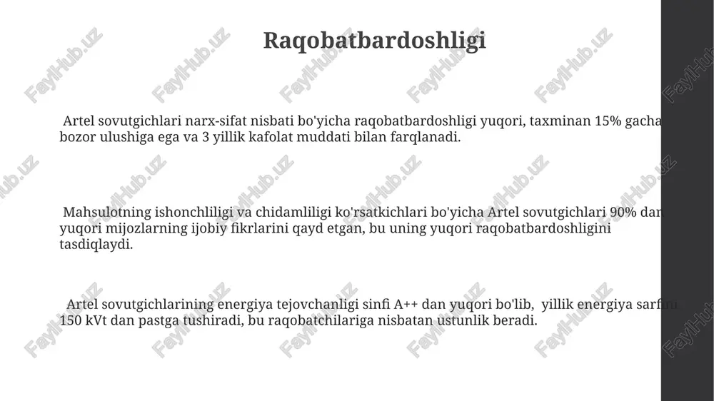 hiqarishni boshlaydi. kelajak rejalari artel muzlatgichlari ishlab chiqarish hajmini 2025-yilga kelib 50% ga oshirishni, shu bilan birga energiya samaradorligi bo'yicha a+++ sinfiga ega yangi modellarni taqdim etishni rejalashtirmoqda. muhokama va savol-javoblar mijozlarning 85% dan ortig'i "muhokama va savol-javoblar" bo'limida berilgan texnik xususiyatlar va narxlar to'g'risidagi ma'lumotlarning aniqligi va to'liqligidan mamnun ekanliklarini ta'kidlashdi. artel sovutgichlarining kafolat muddati va servis markazlari tarmog'i haqida muhim ma'lumotlar "muhokama va savol-javoblar" bo'limida 2 yildan ortiq kafolat muddati va 100 dan ortiq servis markazi manzillari bilan taqdim etiladi. "muhokama va savol-javoblar" bo'limida artel sovutgichlarining energiya tejamkorligi, a++ dan a+++ gacha bo'lgan sinflarga ega 10 dan ortiq modellar haqida batafsil ma'lumot beriladi. ishlab chiqarish jarayoni artel muzlatkichlari ishlab chiqarish jarayonida 300 dan ortiq turli xil komponent va qismlar qo‘llaniladi, bu esa yuqori sifat va ishonchlilikni ta'minlaydi. sifat nazorati jarayoni 15 ta bosqichdan iborat bo‘lib, har bir muzlatgich 80 dan ortiq sinovdan o‘tkaziladi, bu esa mahsulotning ishonchliligini kafolatlaydi. …