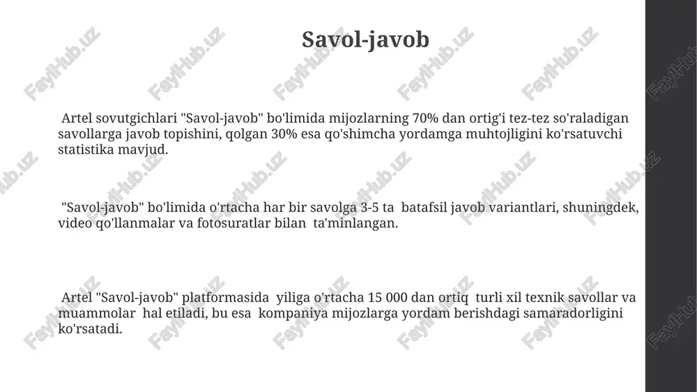 tiq muammosiz ishlamoqda, bu esa ularning ishonchliligi va chidamliligini tasdiqlaydi. mijozlarning 85% artel muzlatgichlarning energiya tejamkorligi (a++ energiya sinfi) va jim ishlaydigan kompressoriga yuqori baho berishgan. mijozlar sharhlarida artel muzlatgichlarining katta hajmi (250 litrdan ortiq) va qulay joylashgan javonlari tez-tez ta'kidlanadi, bu esa mahsulotlarni saqlashni ancha osonlashtiradi. raqobatdoshligi va afzalliklari artel sovutgichlari energiya tejamkorligi bo‘yicha a++ yoki undan yuqori sinfga ega bo‘lib, yillik energiya sarfini 15% ga kamaytiradi va bu sizning byudjetingizga sezilarli darajada foyda keltiradi. artelning keng modellari qatori orasidan 200 litrdan 600 litrgacha hajmdagi sovutgichlarni tanlashingiz mumkin, bu sizning oilangizning oziq-ovqat ehtiyojlariga mos keladigan variantni topish imkonini beradi. artel sovutgichlari zamonaviy no-frost texnologiyasi bilan jihozlangan bo‘lib, muzlatgichda muz shakllanishining oldini oladi va shu bilan tozalash vaqtingizni 30% ga qisqartiradi. kelajakdagi reja va yangiliklar kelajakda artel sovutgichlari ishlab chiqarish hajmini 50% ga oshirish va dunyoning 10 ta yangi mamlakatiga eksport qilishni maqsad qilganmiz. bu esa artel brendining global miqyosda …