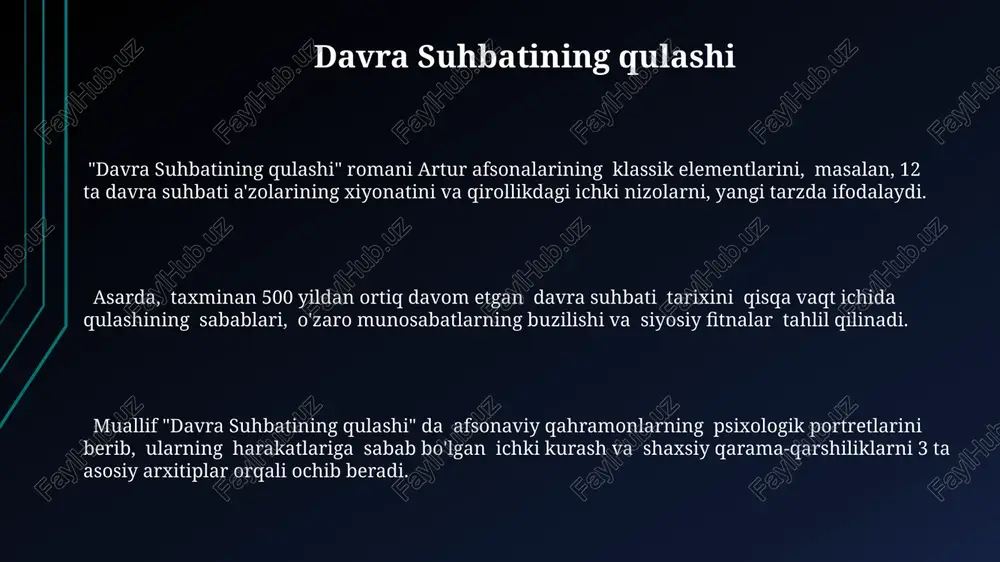 ngchiga buyruq berish imkoniyatiga ega bo'lganlar kam bo'lgan. artur davrining siyosati arturning "dumaloq stol" instituti, 12 ta ritsar bilan birga, maʼmuriy va harbiy masalalarni hal qilishda maslahatlashuvchi kengash vazifasini oʻtagan boʻlishi mumkin, bu esa siyosiy ishtirokning bir shakli hisoblanadi. artur afsonalarida uning saltanati davrida adolatli soliqlar yigʻish, chegaralarni himoya qilish va ichki tinchlikni saqlash kabi siyosiy vazifalarga alohida eʼtibor qaratilganligi aks etadi, ammo tarixiy dalillar cheklangan. artur davri britaniya orollarida 5-6 asrlarda yuz bergan boʻlib, bu davrda yagona markazlashgan monarxiya oʻrnatila olmagan, balki bir necha kichik qirolliklar va qabilalar oʻrtasidagi doimiy kurash kuzatilgan. artur afsonasining merosi artur afsonasining keng tarqalishi natijasida 200 dan ortiq adabiyot, kino va teatr asarlari yaratilgan bo'lib, bu uning madaniy ta'sirining kengligidan dalolat beradi. artur afsonasining merosida 12 ta asosiy ritsarlik ordenining ta'sirini va ularning ramziy ma'nolarini, shu jumladan, muqaddas graal haqidagi rivoyatlarning ta'sirini kuzatish mumkin. artur afsonasidagi qahramonlar prototiplari sifatida 5-6-asrlardagi tarixiy shaxslarni, shuningdek, kelt …