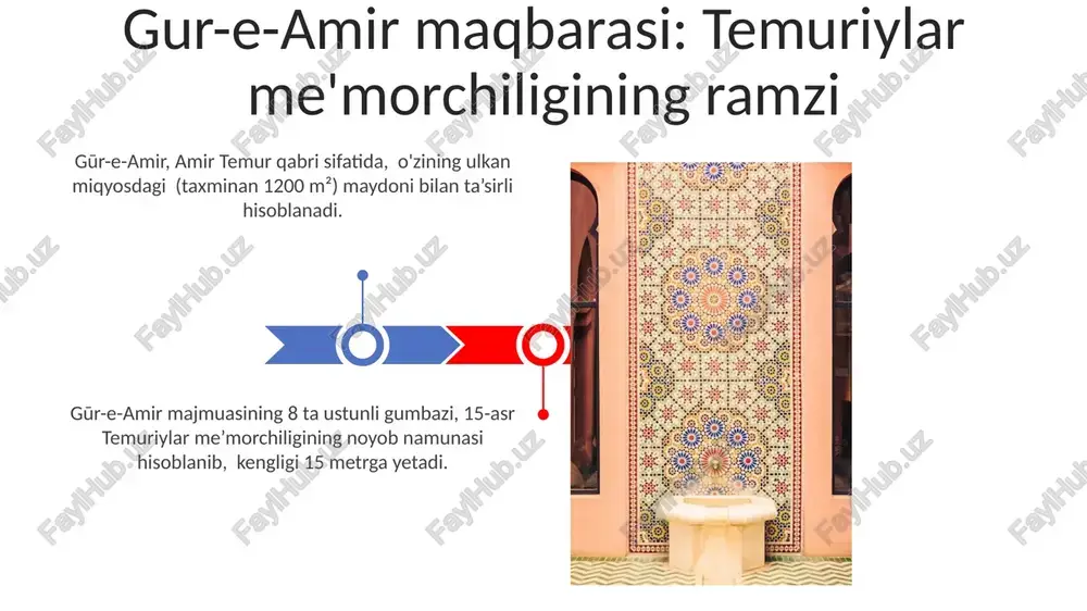 ing uyg'unligi temuriylar me'morchiligining meroslari: zamonaviy ta'siri 15-asr temuriylar davrida rivoj topgan "gishtli terish" texnikasi hozirgi kunda restavratsiya va yangi binolar qurishda, ayniqsa, tarixiy obidalarni ta'mirlashda qo'llanilmoqda. temuriylar me'morchiligi samarqanddagi registon maydonining 15-asrda qurilgan uchta madrasasi – ulugʻbek, shir dor va tillya-qoʻrgʻon – orqali zamonaviy shaharsozlikka bevosita ta'sir ko'rsatgan. samarqand: temuriylar davlatining markazi registon maydoni, uchta ajoyib madrasa – ulug'bek, sher-dor va tilya-kori madrasalarini o'z ichiga olgan, temuriylar me'morchiligining eng yorqin namunalaridan biri hisoblanadi va dunyo me'rosiga kiritilgan. samarqandda 15-asrda temuriylar davlati davrida 100 dan ortiq masjid, madrasa va maqbaralar qurilgan bo'lib, ularning ko'pchiligi g'ishtdan yasalgan va nafis bezaklar bilan bezatilgan. shohizinda majmuasi: qabrlarning go'zalligi maqbaralar peshtoqlari turli geometrik va gulli naqshlar bilan boy bezatilgan, ularning balandligi oʻrtacha 12-15 metrga yetadi va koʻk, moviy, yashil kabi ranglar ustunlik qiladi. shohizinda majmuasi xv asr timurid meʼmorchiligining yorqin namunasi hisoblanadi va uning qurilishi taxminan 50 yil davom etgan, bu davrda turli ustalar …