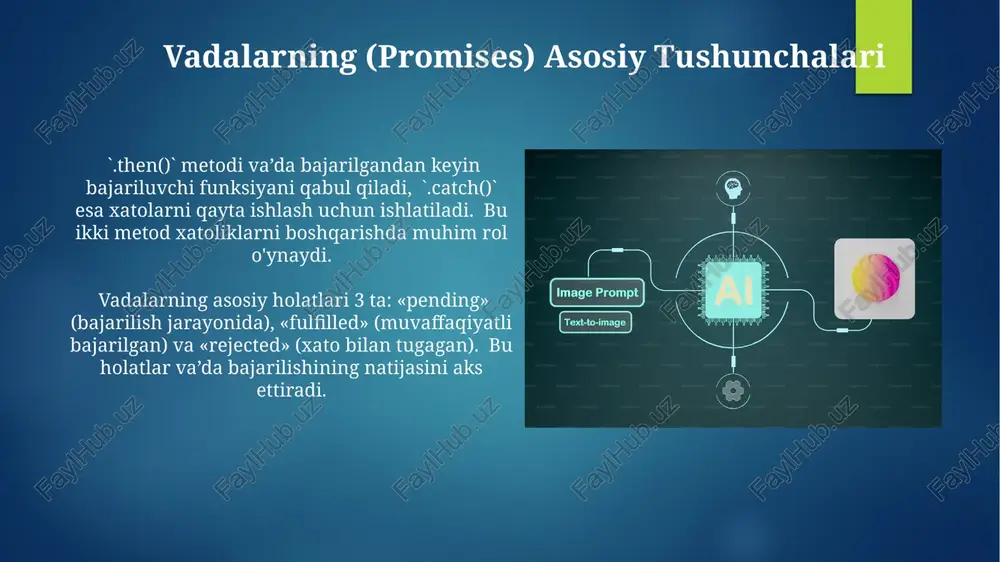 dan foydalanish, yuklash vaqtini 5 barobarga qisqartiradi. katta hajmdagi ma'lumotlar bazasidan 1000 ta yozuvni o'qishda promise dan foydalanib, har bir yozuvni alohida qayta ishlash va natijalarni birlashtirish orqali samaradorlikni oshiradi. chaqiruv funktsiyalari (callbacks) chaqiruv funksiyalari kodning bajarilish tartibini aniqlashda muhim rol o'ynaydi va 2 dan ortiq argumentlarni qabul qilishi mumkin, shu jumladan xatoliklarni qaytarish uchun bir xatolik funksiyasi. callback funksiyalarining asosiy kamchiligi – "callback hell" deb ataluvchi kodning juda murakkab va tushunarsiz bo'lib ketishi, ayniqsa 5 dan ortiq ichma-ich chaqiruvlar ishlatilganda. xatolarni boshqarish (error handling) promise'lar .catch() metodi yordamida xatolarni 1 ta qatorda ushlaydi va ularni bitta xatolik qaytarish funksiyasi orqali boshqaradi, bu kodning tozaligini ta'minlaydi. async/await konstruksiyasi try...catch bloklaridan foydalanish orqali xatolarni 3-darajali murakkablikdagi operatsiyalarda ham osongina boshqarish imkoniyatini beradi. e'tiboringiz uchun rahmat @taqdimot_robot image6.jpg image7.jpg image8.jpg image9.jpg image10.jpg image11.jpg image12.jpg image13.jpg image14.jpg image15.jpg image16.jpg image17.jpg image2.png image3.png image4.png image5.png