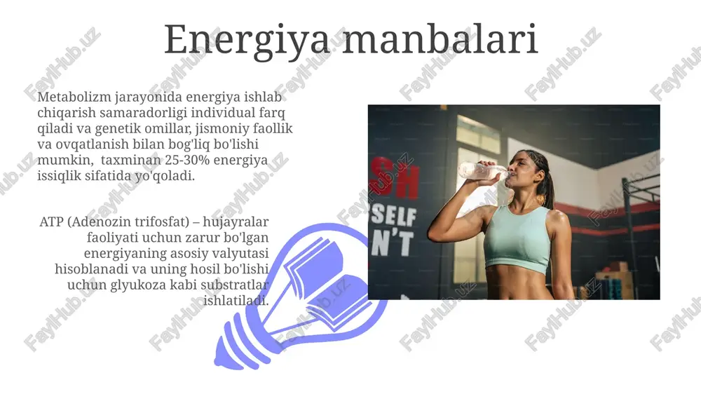 ng samaradorligiga bog'liq bo'lib, bu jarayonda taxminan 40% energiya atp shaklida saqlanadi. oziq-ovqat hazm qilish jarayoni o't pufagi safro ajratib chiqaradi, bu yog'larni emulgasiya qilishda va ularning hazm bo'lishini tezlashtirishda muhim rol o'ynaydi, lipidlarning 80% ini hazm qilishga yordam beradi. ovqat hazm qilish jarayoni og'iz bo'shlig'ida boshlanib, 24 soatgacha davom etishi mumkin, bu vaqt davomida fermentlar va kislotalar oziq-ovqatni parchalaydi. asosiy metabolizm tushunchasi 01 02 asosiy metabolizm darajasi yosh, jins, tana massasi va mushak massasi kabi omillarga bog'liq bo'lib, 1 kg tana vazniga to'g'ri keladigan energiya sarfi individual farq qiladi. sales 1st qtr 2nd qtr 100 0 sales 1st qtr 2nd qtr 100 0 e'tiboringiz uchun rahmat @taqdimot_robot image4.jpg image5.jpg image6.jpg image7.jpg image8.jpg image9.jpg image10.jpg image11.jpg image12.jpg image13.jpg image14.jpg image15.jpg image1.jpeg image2.jpeg image3.jpeg