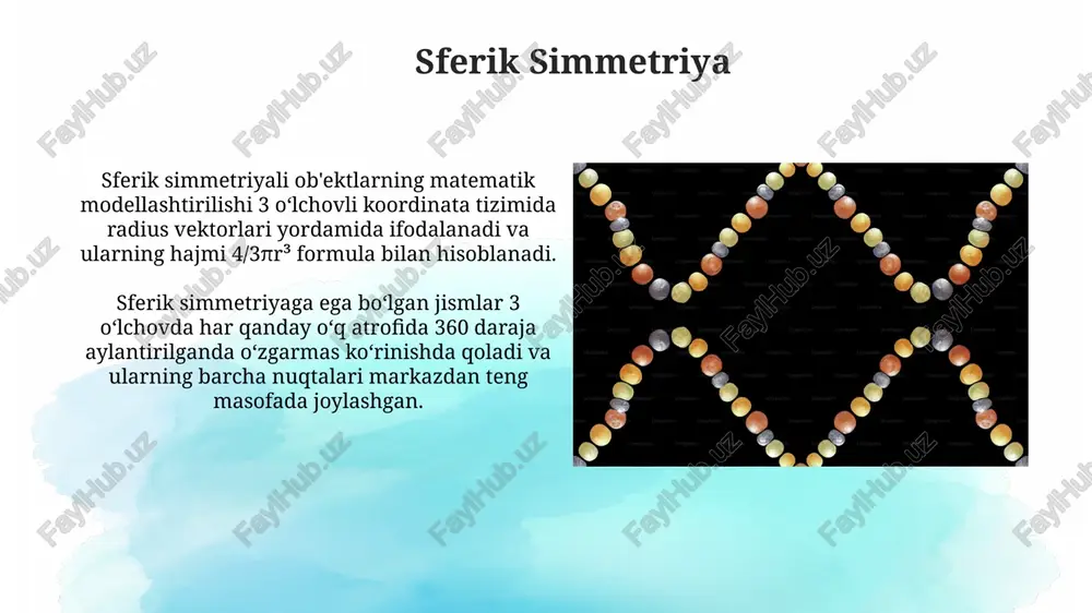 kabi murakkab oʻzgarishlar roʻy beradi. metamorfoz misollari orasida, 3 bosqichli toʻliq metamorfozga ega boʻlgan hasharotlar (masalan, kapalaklar) 4 bosqichdan oʻtadigan toʻliq boʻlmagan metamorfozga ega boʻlgan hasharotlardan (masalan, chigirtkalar) sezilarli darajada farq qiladi. radial simmetriya ba'zi radial simmetriyali organizmlar, poliplar va meduzalarda ko'rinadigan, 2-qavatli (diploblastik) tuzilishga ega bo'lib, ularning murakkabligi va funksiyalari ikki tomonlama simmetriyali hayvonlarga qaraganda ancha sodda. radial simmetriya, ikki tomonlama simmetriyadan farqli o'laroq, markaziy o'q atrofida joylashgan bir nechta (odatda 4, 5, 6 yoki 8) teng qismlarga ega bo'lgan organizmlarni ifodalaydi. metamorfozning ta'rifi va ahamiyati metamorfozning ahamiyati, resurslarning samarali ishlatilishi va turli ekologik nishlarning egallab olinishida namoyon bo'lib, bioxilma-xillikni saqlashga hissa qo'shadi. metamorfoz, organizmlarning rivojlanish jarayonida 4 bosqichdan (tuxum, lichinka, pupa, imago) o'tishi bilan tavsiflanadi va bu jarayon ularning atrof-muhitga moslashuvini ta'minlaydi. e'tiboringiz uchun rahmat @taqdimot_robot image2.jpg image3.jpg image4.jpg image5.jpg image6.jpg image7.jpg image8.jpg image9.jpg image10.jpg image11.jpg image12.jpg image13.jpg image1.png