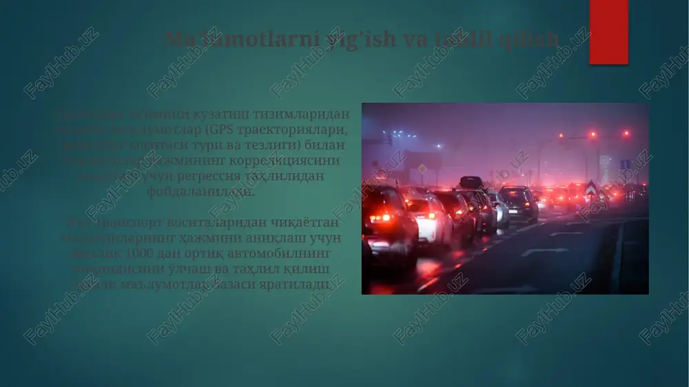 tilishi kerak. shahar atrofidagi hududlarning havo sifatini yanada aniqroq baholash uchun kelgusi tadqiqotlar 5 yil davomida to'plangan real vaqt rejimidagi ma'lumotlar bazasini ishlatishi mumkin. shahar atrof-muhitini yaxshilash strategiyasi strategiya doirasida kamida 50% elektr avtomobillariga o'tishni ko'zda tutuvchi "yashil" transport tizimini rivojlantirish ekologik ifloslanishni sezilarli darajada kamaytiradi. atrof-muhitni muhofaza qilish bo'yicha milliy dastur doirasida shaharlarga 10 ta yangi ekologik toza avtobus yo'nalishlarini qo'shish rejalashtirilgan bo'lib, bu karbon emissiyasini 15% ga qisqartiradi. transport vositalarining ifloslanishini kamaytirish usullari shaharlarda jamoat transportidan foydalanishni 50% ga oshirish orqali, xususan, avtobus va metro liniyalarini kengaytirish orqali ifloslanish darajasini sezilarli darajada kamaytirish mumkin. kam ifloslantiruvchi euro-6 standartlariga javob beradigan transport vositalariga o'tish va eski, ifloslantiruvchi avtomobillarni yo'ldan chiqarish orqali havo ifloslanishini 30% gacha kamaytirish mumkin. havoning ifloslanishini o'lchash usullari havoning ifloslanishini o'lchashda, havoni filtrlash orqali to'plangan chang zarrachalarining miqdori gravimetrik usul bilan aniqlanadi, bunda 1 mikrogrammgacha aniqlik bilan og'irlik farqi o'lchanadi va bu pm10 va pm2.5 ifloslanish …