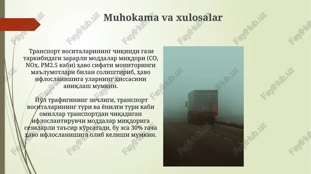 o'lchash usullari havoning ifloslanish darajasini aniqlashda dispersiv infraqizil spektroskopiyasi (dik) texnologiyasi ishlatiladi, bu usul havodagi 1 ppm dan yuqori konsentratsiyali 100 dan ortiq gazlarni aniqlash imkonini beradi. atmosfera ifloslanishini baholashda, pm2.5 va pm10 zarrachalarining konsentratsiyasi graviametrik usul yordamida aniqlanadi, bu usul havoda 1 m³ hajmda 1 µg dan yuqori konsentratsiyali zarrachalar miqdorini aniq o'lchash imkonini beradi. yoqilg'i sifati va ifloslanish dizel yonilg'isidagi ko'p miqdordagi zangori (pm2.5) zarrachalari nafas olish tizimiga salbiy ta'sir ko'rsatib, inson salomatligiga jiddiy xavf tug'diradi va ko'rinuvchilikni yomonlashtiradi. benzinning oktan soni past bo'lsa, noto'liq yonish yuz beradi va bu uglerod oksidi (co) va uglevodorodlar (hc) kabi zararli chiqindilarning atmosferaga tushishini oshiradi. ma'lumotlarni tahlil qilish va modellashtirish trafik zichligi va transport vositalarining turi kabi ma'lumotlarni gps ma'lumotlari va sensorlardan olingan real vaqt rejimidagi ma'lumotlar bilan birlashtirish orqali, havo ifloslanishining aniq manbalarini aniqlash va taxminan 95% ishonch oralig'ida aniq bashorat qilish mumkin. havoning ifloslanish darajasini aniqlashda dispersiya modellari, masalan, …