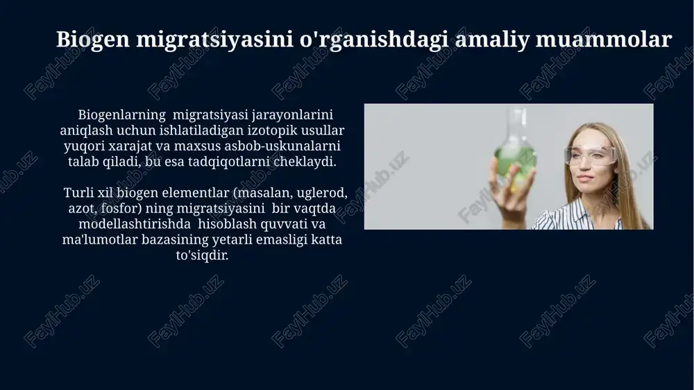 shda spektroskopik usullar (masalan, nir spektroskopiyasi), 95% gacha aniqlik bilan o'lchovlarni amalga oshirish imkonini beradi va standart usullarga nisbatan tezroq natijalar beradi. biogen migratsiyasi modellashtirish usullari agent-based modellashtirish, individual organizmlar harakatlarini simulyatsiya qilish orqali, 5-10% xatolik chegarasi bilan biogen oqimini modellashtirish imkonini beradi, bu kichik miqyosli tizimlar uchun mos keladi. biogen migratsiyasini modellashtirishda 3d-simulyatsiyalar, 1000 dan ortiq zarracha o'zaro ta'sirini hisobga olgan holda, yuqori aniqlikdagi natijalar beradi, ammo hisoblash quvvati talablari yuqori. biogen migratsiyasi tushunchasi va ahamiyati biogen migratsiyasi, o'simlik va hayvon organizmlaridagi 100 dan ortiq kimyoviy elementlarning harakati va aylanishini o'z ichiga olgan murakkab jarayon bo'lib, ekologik muvozanatni saqlashda muhim rol o'ynaydi. biogen elementlar (masalan, karbon, azot, fosfor)ning migratsiyasi, oziq-ovqat zanjiri orqali 3-5 bosqichdan o'tib, biosferadagi energiya oqimini ta'minlaydi va biogeokimyoviy sikllarni boshqaradi. havodagi biogen migratsiyasi havodagi biogen migratsiyasi jarayonida, yillik o'rtacha 10-20 kg/ga miqdorida azot, fosfor va kaliy kabi ozuqa elementlari tuproqdan havoga o'tadi, bu esa o'simliklarning o'sishiga …