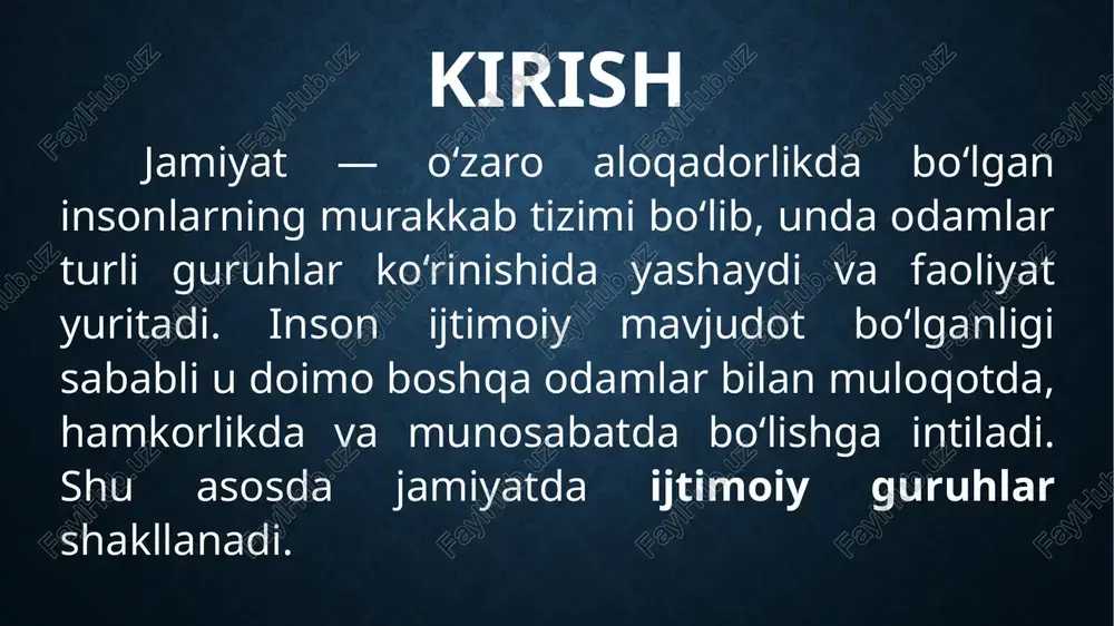 q. 2. rasmiylik darajasiga ko‘ra: rasmiy guruhlar – aniq tuzilma, huquqiy maqom, tartib-qoidalar asosida faoliyat yuritadi. misol: maktab sinfi, tashkilotlar, davlat idoralari. norasmiy guruhlar – tabiiy shakllangan, his-tuyg‘ular va qiziqishlarga asoslangan. rasmiy huquqiy maqomga ega emas. misol: do‘stlar jamoasi, hamkasblar davrasi, hobbi to‘garaklari. 3. a’zolik holatiga ko‘ra: a’zolik guruhlari (membership) – shaxs bevosita ishtirok etadigan, a’zosi bo‘lgan guruh. misol: o‘qituvchi ishlayotgan maktab jamoasi. referent guruhlar – inson o‘zini ushbu guruh a’zosi deb bilmaydi, ammo u guruh qadriyatlariga ergashadi, uni o‘ziga namuna deb biladi. misol: biror mashhur san’atkorlar guruhi, sportchilar jamoasi. 4. ijtimoiy aloqalarning tabiati bo‘yicha: birlamchi guruhlar (primary group) – shaxsiy, do‘stona, hissiy munosabatlar ustuvor bo‘lgan guruhlar. misol: oila, yaqin do‘stlar. ikkinchi darajali guruhlar (secondary group) – rasmiy, vazifaviy munosabatlarga asoslangan guruhlar. misol: universitet talabalari guruhi, ishchi jamoasi. 5. maqsadga yo‘naltirilganlik darajasiga ko‘ra: instrumental guruhlar – ma’lum bir vazifani bajarish uchun tuzilgan. misol: loyihani bajaruvchi ishchi guruh, siyosiy harakat. ekspressiv …
