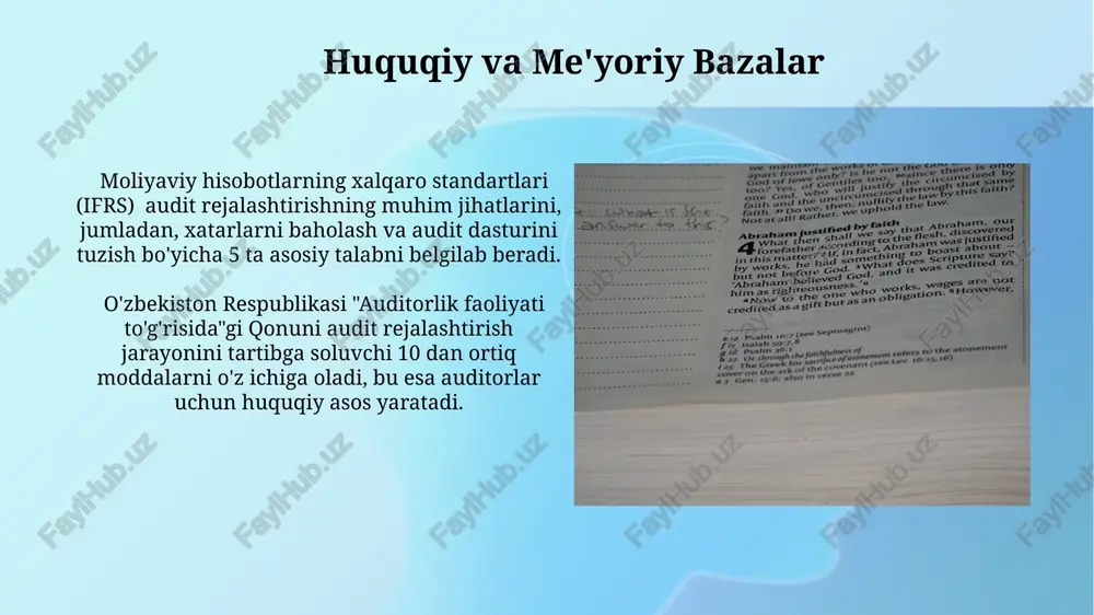 ni ta'minlaydi. audit doirasini aniqlashda mijoz bilan 10 dan ortiq bandli shartnoma tuziladi va unda tekshiriladigan davr, auditorlik protseduralari, va hisobotlar topshirish muddati aniq belgilanadi. ichki nazorat tizimini baholash ichki nazorat tizimini baholashda, kamida 3 ta asosiy xavf omili aniqlanib, ularning ehtimolligi va ta’siri 1-5 ball shkalasi bo'yicha baholanadi. ichki nazoratning 5 ta asosiy elementi (boshqaruv muhiti, xavf baholash, nazorat faoliyati, monitoring va axborot va aloqa) baholash jarayonida har biri alohida tekshiriladi va hujjatlashtiriladi. texnologiyalar va asboblar katta hajmdagi ma'lumotlarni tahlil qilish uchun 1000 dan ortiq satrli jadvallarni qayta ishlashga qodir bo'lgan power bi yoki tableau kabi bi vositalaridan foydalanish audit samaradorligini sezilarli darajada yaxshilaydi. zamonaviy audit dasturlari, masalan, auditsoft yoki caseware, tekshiruv jarayonini avtomatlashtirish va samaradorligini 20% ga oshirish imkonini beradi, shuningdek, xatoliklar sonini kamaytiradi. audit rejasi bosqichi tekshiruv rejasi, mijoz bilan oldindan kelishilgan holda, auditorlik standartlari va iso 9001, 14001 kabi tegishli me'yorlarga muvofiq tuzilishi lozim. auditoriya rejasi …