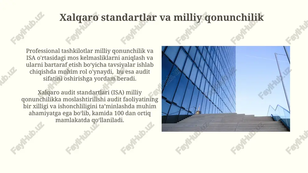 stahkamlashga yordam berishi mumkin. audit faoliyatini tartibga solishdagi tamoyillar sifat nazorati va audit standartlariga rioya etilishi 10% dan ortiq noqulayliklarni oldini oladi va audit xizmatlarining ishonchliligini oshiradi. professional javobgarlik va etika kodi 5 ta asosiy tamoyilni o'z ichiga oladi va audit jarayonining shaffofligini ta'minlaydi. global miqyosdagi hamkorlik va tajriba almashish global miqyosdagi hamkorlik natijasida audit xatolarining soni 15% ga kamayishi kuzatilmoqda, bu esa audit ishonchliligini oshiradi. xalqaro tajriba almashish dasturlari orqali kamida 5000 nafar audit mutaxassisi yangi texnologiyalar va qonunchilikdagi o'zgarishlar bo'yicha bilimlarini oshirishadi. korrupsiyaga qarshi kurash va shaffoflik mustaqil audit kompaniyalari faoliyatini nazorat qilish orqali 20% dan ko'proq moliyaviy firibgarlik holatlarini oldini olish mumkin. auditoriya faoliyatini tartibga solishda professional tashkilotlarning roli 80% dan ortiq korrupsiyaga qarshi kurash va shaffoflikni ta'minlashda muhim ahamiyatga ega. kasbiy tashkilotlarning roli va ahamiyati ularning ahamiyati, malakali auditorlar sonini 50% ga oshirishga va audit sifati bo'yicha xalqaro standartlarga muvofiqlashtirishga yordam berishidir. kasbiy tashkilotlar auditorlik faoliyatini …
