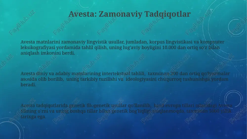 tik ta’siri tadqiq qilinadi. avesta tilining kelib chiqishi avesta matnlarining asosiy qismi, taxminan miloddan avvalgi 1300-1000 yillar oraligʻida yaratilgan boʻlib, unga keyinchalik qoʻshimchalar kiritilgan, bu esa tilning rivojlanishini kuzatish imkonini beradi. avesta tilining kelib chiqishi miloddan avvalgi 2-ming yillikka toʻgʻri keladi va qadimgi eron tillarining shimoliy guruhining eng qadimgi yozma yodgorligi hisoblanadi, unda 1700 dan ortiq soʻz va iboralar saqlanib qolgan. avesta tili hozirgi fors, tojik va kurd tillari bilan genetik aloqaga ega boʻlib, uning fonetik va grammatik xususiyatlari oʻz davridagi boshqa hind-yevropa tillari bilan oʻxshashliklarni koʻrsatadi. avesta: madaniyat va san’at avesta san’ati milliy bezaklar, naqshlar va ramzlar bilan boyitilgan boʻlib, taxminan 3000 yillik tarixga ega boʻlgan kulolchilik va toʻqimachilik buyumlarida oʻz aksini topgan. avesta madaniyatida 1500 dan ortiq diniy va adabiy matnlar mavjud boʻlib, ular qadimgi fors tilida yozilgan va zamonaviy oʻzbek adabiyoti uchun muhim manba hisoblanadi. avesta madaniyati va san’ati zoroastrizm dinining ta’siri ostida shakllangan boʻlib, unga oid …