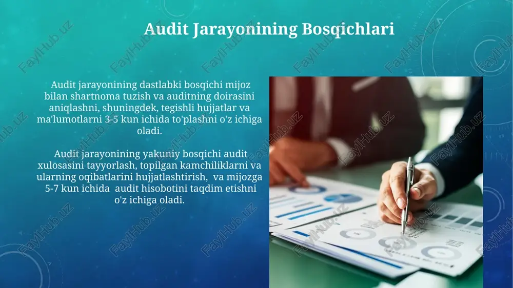 nazorat tizimidagi 5 ta zaiflik aniqlandi, bu esa moliyaviy hisobotlarning ishonchliligiga tahdid solishi mumkin. ularni bartaraf etish uchun takliflar berildi. standartlar va prinsiplar professional auditorlar o'z faoliyatlarida mustaqillik va sir saqlash tamoyillariga rioya qilishlari shart, bu esa 10 ta asosiy etik kodeksga muvofiqdir. auditing standartlari xalqaro standartlarga (isa) mos keladigan bo'lishi kerak, masalan, isa 315, 500 va 700 raqamli standartlar muhim ahamiyatga ega. qonunchilik va me'yoriy huquqiy bazasi qonunchilik va me'yoriy-huquqiy bazasining 2023-yil holatiga ko'ra 5000 dan ortiq hujjatlarni o'z ichiga olganligi, audit jarayonida ushbu hujjatlarning muvofiqligi va to'liqligi tekshiriladi. soliq kodeksi va boshqa tegishli me'yoriy hujjatlarning talablariga rioya etilishi auditda asosiy diqqat markazida bo'lib, bu 30 dan ortiq turdagi buzilishlarni aniqlash imkonini beradi. moliyaviy ko'rsatkichlarni tahlil qilish qisqa muddatli aktivlarning aylanish tezligi 2.5 ga yetgan korxonalar tovar aylanmasining samaradorligini yaxshilaganini ko'rsatadi va bu iqtisodiy samaradorlikni oshirishga yordam beradi. qarz yukining darajasi 0.5 dan past bo'lgan tashkilotlarning moliyaviy barqarorligi yuqori …