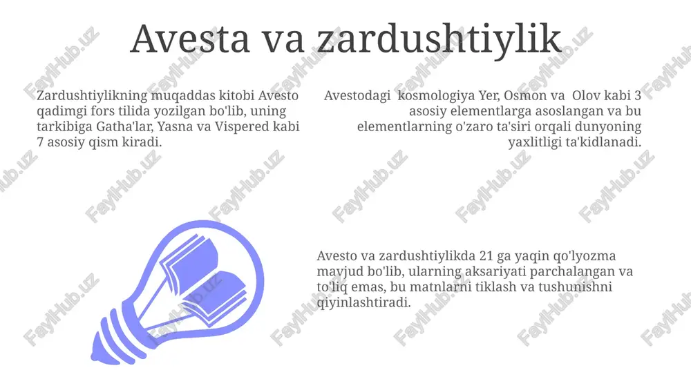 asosiy gunoh mavjud bo'lib, ularning har biri uchun aniq jazolar belgilangan va bu gunohlarning oldini olish uchun maxsus amallar bajarilishi kerak. avesto dinining asosiy qoidalari orasida 5 ta ibodat vaqtlari alohida ajratib ko'rsatilgan bo'lib, har bir vaqt uchun maxsus marosimlar va duo matnlari mavjud. avesto dinida 365 kunlik yil davomida har kuni o'ziga xos ibodatlar, qurbonliklar va marosimlar bajarilishi zarurligi ta'kidlanadi, bu esa dinning murakkab tuzilmasini ko'rsatadi. avesta tilining xususiyatlari avesta tilining leksikasi qadimgi hind-evropa tillarining ta'siri ostida shakllanib, taxminan 1500 dan ortiq soʻz boyligi va oʻziga xos terminologiyaga ega edi. avesta matni qadimgi fors tilida yozilgan boʻlib, unda 7 ga yaqin asosiy qism va koʻplab qoʻshimcha qismlar mavjud, ularning har biri turli xil diniy va adabiy janrlarni oʻz ichiga oladi. avesta tilining morfologiyasi murakkab boʻlib, koʻp sonli qoʻshimchalar va fe'l shakllari mavjud, jumladan, 3 dan ortiq zamon va mayl turlari uchraydi. avesta tarixi avesta matnlarining qadimgi shakllari miloddan avvalgi …