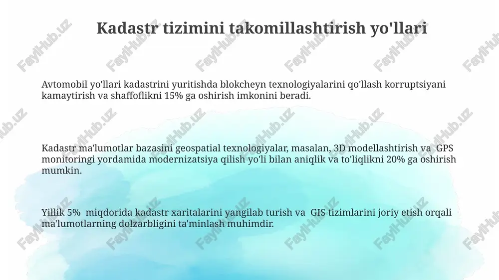 lanib, har bir yo'l bo'lagi uchun aniq koordinatalar va xususiyatlar bilan ta'minlaydi. davlat nazorati va monitoring avtomobil yo'llarining huquqiy holati va foydalanish samaradorligini baholashda 5 tadan ortiq mezonlar qo'llaniladi, bu esa monitoringning ob'ektivligini ta'minlaydi. yo'l infratuzilmasining 85% dan ortig'ining monitoringi gps-texnologiyalari va geoaxborot tizimlari orqali amalga oshiriladi, bu esa tezkor va samarali nazoratni ta'minlaydi. davlat nazorati doirasida yo'llarning texnik holati bo'yicha yiliga 15000 dan ortiq tekshiruvlar o'tkazilib, aniqlangan kamchiliklarni bartaraf etish bo'yicha chora-tadbirlar rejalashtiriladi. geodezik asos va topografik xaritalar geodezik asoslar, 1:5000 va 1:2000 masshtabdagi topografik xaritalar bilan birgalikda, yo'l tarmoqlarining aniq geometrik holatini aniqlash va yo'l elementlarining koordinatalarini aniq hisoblash uchun ishlatiladi. topografik xaritalar, relyefning balandliklari va gorizontal o'lchamlarini aniq ko'rsatuvchi izoliniyalar (1m dan 5m gacha) bilan, yo'llarni rejalashtirish va loyihalashda muhim rol o'ynaydi. yuqori aniqlikdagi geodezik asoslar va raqamli topografik xaritalar (dtm), yo'lning uzunligi, eni va eğimini aniq hisoblash imkonini beradi va keyinchalik 3d modellashtirish uchun asos bo'ladi. …