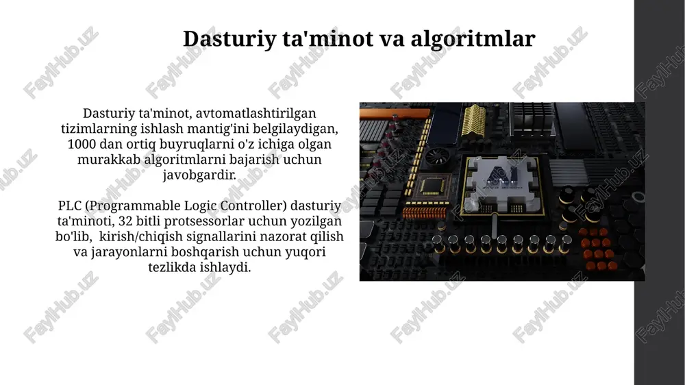 motorlar, aniq pozitsiyani ta'minlash uchun 0,9 daraja qadam kattaligiga ega bo'lib, yuqori aniqlikdagi operatsiyalarni amalga oshiradi. aktuatorlar, masalan, gidravlik silindrlar yoki pnevmatik dvigatellar, 5 dan 100 kpa gacha bo'lgan bosim ostida ishlaydi va 10 mm dan 1 metrgacha bo'lgan harakatni ta'minlaydi. datchiklar va ularning turlari datchiklar ma'lumotlarni 0 dan 1023 gacha raqamli qiymatlarga aylantirib, mikrokontrollerlar yoki boshqa avtomatlashtirish qurilmalari tomonidan qayta ishlanishi mumkin bo'lgan signal hosil qiladi. induktiv, sig'imli va fotoelektr datchiklar kabi turli xil datchiklar mavjud bo'lib, ularning har biri o'ziga xos o'lchov printsipi va qo'llanilishiga ega, masalan, yaqinlikni aniqlash yoki ob'ektlarni hisoblash. xavfsizlik tizimlari zamonaviy xavfsizlik tizimlari videokuzatuv, kirish nazorati va o'g'irlikka qarshi signal berish kabi 3 ta asosiy komponentlarni o'z ichiga oladi va bular har biri o'z navbatida bir nechta kichik modullardan tashkil topadi. xavfsizlik tizimlarining ishonchliligini oshirish uchun, kamida ikkita mustaqil quvvat manbai va 99,99% ishonchliligiga ega zahira tizimlaridan foydalaniladi. e'tiboringiz uchun rahmat @taqdimot_robot image1.jpg image2.jpg …