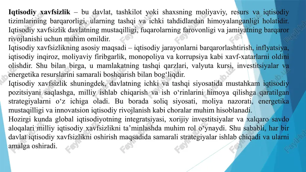ujumlar va raqamli tahdidlardan ehtiyot bo‘lishni qamrab oladi. bu uch shakl bir-biri bilan chambarchas bog‘liq bo‘lib, ularning har biri umumiy iqtisodiy xavfsizlik tizimining muhim qismidir. 5 davlatning moliyaviy, iqtisodiy va ijtimoiy barqarorligini saqlashga qaratilgan shakldir. bu shakl davlatning milliy resurslarini, valyuta kursini, byudjetni, investitsiya siyosatini va iqtisodiy strategiyalarini himoya qilishni o‘z ichiga oladi. shu bilan birga, iqtisodiy jinoyatlar, monopoliyalashish, bozorning notekis rivojlanishi va tashqi iqtisodiy tahdidlardan davlatni himoya qilish muhim ahamiyatga ega. korxonaning moliyaviy barqarorligi, ishlab chiqarish resurslari, texnologik jarayonlari va bozor mavqei xavfsizligini ta’minlash shaklidir. korxona iqtisodiy xavfsizligi ichki tahdidlar (moliyaviy firibgarlik, xodimlar faoliyati) va tashqi tahdidlar (raqobatchilar bosimi, bozor inqirozi)dan himoyani o‘z ichiga oladi. shaxsning daromadlarini barqaror ta’minlash, moliyaviy majburiyatlarni bajarish va jamg‘armalarni himoya qilish bilan bog‘liq shakldir. bu shakl ish haqi, investitsiyalar, kreditlar va shaxsiy mol-mulkni turli xavflardan himoya qilishni nazarda tutadi. iqtisodiy xavfsizlik mamlakat, korxona yoki shaxsning moliyaviy barqarorligini saqlash va turli ichki hamda tashqi tahdidlardan …