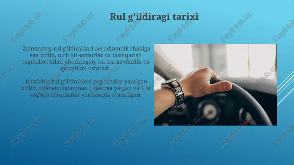 diragi dizaynida xavfsizlik jihatlari ham muhim o'rin tutadi: masalan, havo yostig'i tizimini joylashtirish uchun markazda bo'shliq va turli xil sensorlar o'rnatish uchun maxsus joylar mavjud. zamonaviy rul g'ildiraklari dizayni ergonomika printsiplariga asoslangan bo'lib, uning diametri 35-40 sm oralig'ida, qo'lning tabiiy tutishini ta'minlaydigan optimal qalinlik va materialdan foydalaniladi. e'tiboringiz uchun rahmat @taqdimot_robot image1.jpg image2.jpg image3.jpg image4.jpg image5.jpg image6.jpg image7.jpg image8.jpg image9.jpg image10.jpg image11.jpg