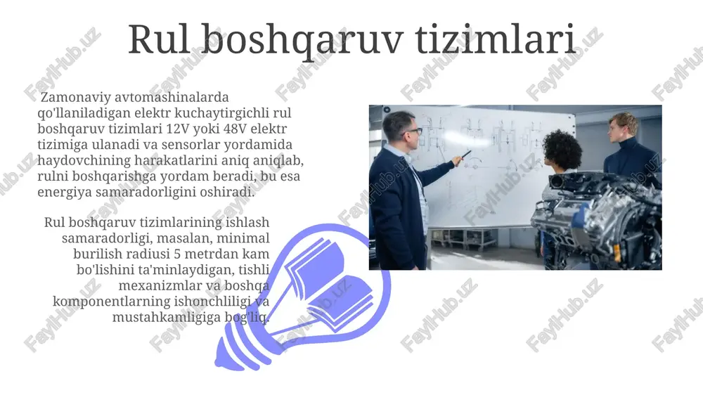 ari (aeb) 30 km/soatgacha tezlikda to'qnashuvlarni oldini oladi yoki ularning og'irligini kamaytiradi, bu o'lim va jarohatlar sonini sezilarli darajada kamaytiradi. avtomobil xavfsizlik tizimlari, o'rtacha 6 dan ortiq sensor va 10 dan ortiq elektron boshqaruv birligi (ecu) dan foydalanadi, bu esa avariya paytida samarali ishlaydigan murakkab tarmoqni hosil qiladi. avtomobilning texnik holatini aniqlash dvigatelning siqilish bosimi har bir silindr uchun 10 bar dan kam bo'lmasligi kerak, aks holda dvigatelning ishlashiga va yonilg'i sarfiga salbiy ta'sir ko'rsatadi. tormoz tizimining ishlash samaradorligini baholashda minimal to'xtash masofasi 30 metrdan oshmasligi kerak, aks holda tormoz mexanizmlarini tekshirish va ta'mirlash zarur. karoseriya turlari va materiallari 01 02 karoseriya qismlarini ulashda turli xil texnologiyalar qo'llaniladi, jumladan, payvandlash (taxminan 70%), perchinlash (taxminan 20%) va yopishtirish (qolgan foiz). bu texnologiyalar avtomobilning mustahkamligi va xavfsizligiga ta'sir qiladi. sales 1st qtr 2nd qtr 100 0 sales 1st qtr 2nd qtr 100 0 chiqindi gazlarni tozalash tizimlari evro-6 standartlariga muvofiq avtomobillarda selectiv …