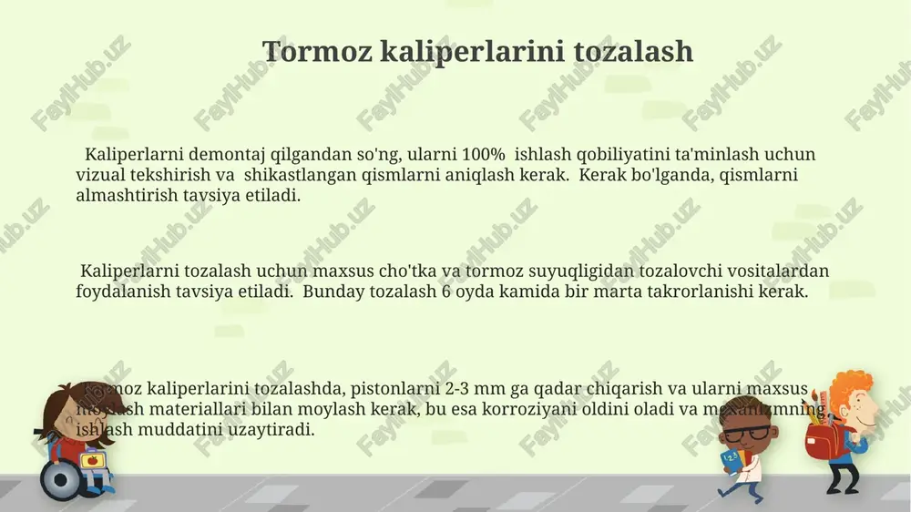 ish, shuningdek, uning rangi va holatini baholash, zanglanishdan asraydi. tormoz tsilindrlarining harakatchanligini tekshirish va 2-3 marta bosish orqali ulardagi yopishqoqlikni aniqlash, muammoni o'z vaqtida aniqlashga yordam beradi. tormoz kolodkalarining eskirish darajasini 10-20% chegarasida tekshirish va zarur bo'lsa, 2-3 mm qalinlikdagi eskirgan qismini olib tashlash, bu tormoz samaradorligini oshiradi. kerakli vositalar va materiallar tormoz tsilindrlarini tekshirish uchun diametri 8-12 mm bo'lgan turli o'lchamdagi yog' o'tkazmaydigan pistonlar, kaliperlar uchun 17-24 mm gacha kalibrli rojkov klyuchi, va tormoz kolodkalarini o'lchash uchun shtangentsirkul kerak bo'ladi. tizimni yuvishdan keyin havoni olib tashlash uchun tormoz qon ketish klapani ochish uchun 8-10 mm gacha kalibrli klyuchi va kanalizatsiyaga tushirish uchun idish, shuningdek, yangi tormoz suyuqligi (dot 3, dot 4 yoki dot 5.1) zarur. tormoz tizimini yuvish uchun kamida 2-3 litr tormoz suyuqligi, shlanglar va adapterlar to'plami, bosimni 50-100 bar gacha chidab turadigan kompressor zarur. tormoz suyuqlig'ini tekshirish va almashtirish tormoz suyuqligini 2 yilda bir marta yoki har …