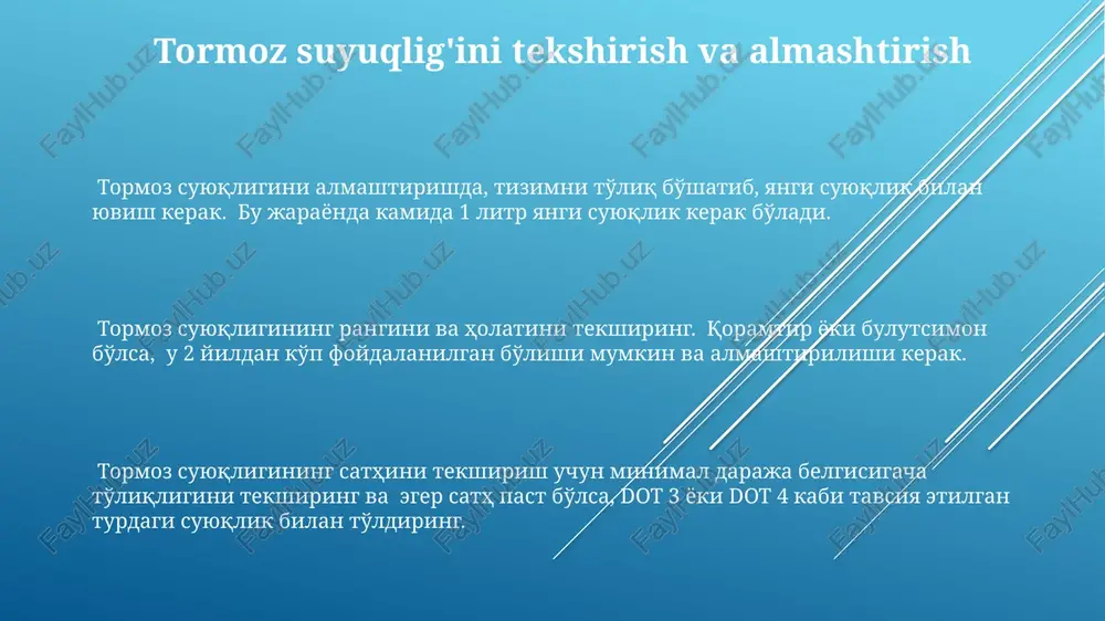 ortiq korroziya bo'lsa, kaliperlarni almashtirish tavsiya etiladi. kaliperlarni tozalash uchun maxsus tormoz tozalovchi vositalardan foydalanish va ularni havo bilan yaxshilab quritish muhim. bu jarayonda 3-5 marta takrorlash samaraliroq bo'ladi. tormoz kaliperlarini tekshirishda porshenlarning erkin harakatlanishini tekshirish va 2-3 mm dan ortiq qolib ketgan bo'shliqlarni aniqlash muhim. bu tormoz tizimi samaradorligiga ta'sir qiladi. avtomobil tormoz tizimini tozalashga kirish tormoz disklarini va barabanlarini tozalash uchun maxsus tormoz tozalash vositalaridan foydalaning va metall cho'tka yordamida qoldiqlarni olib tashlang. avtomobil tormoz tizimini tozalashdan avval, tormoz kaliperlarini 10-15 mm kalit yordamida demontaj qilish kerak, shundan so'ng, pistonlarni ehtiyotkorlik bilan qaytarish zarur. tormoz suyuqligini almashtirish jarayonida, tizimdagi havo miqdorini kamaytirish uchun kamida 3-4 marta tormoz pedalini bosish kerak, shundan keyin suyuqlik darajasini tekshiring. tormoz tizimining havosi chiqarish havo chiqarish jarayoni maxsus qon aylanish vintlarini ochish va tormoz pedalini bir necha marta bosish orqali amalga oshiriladi. bu jarayon to'rtta g'ildirak uchun ham takrorlanadi va har bir vintdan …