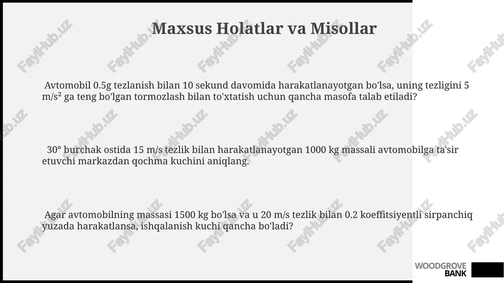 sh mumkin. modellashtirishda avtomobilning massasi (kg), tezlanishi (m/s²) va havo qarshiligi kabi 3 ta asosiy parametr hisobga olinadi, bu esa harakat tenglamasining aniqligini oshiradi. tormozlash masofasini aniqlash uchun simulyatsiya jarayonida 0.1 sekundlik vaqt oraligʻida tezlikning oʻzgarishini hisoblash kerak, bu esa tormoz samaradorligini aniqlashga yordam beradi. woodgrove bank e'tiboringiz uchun rahmat @taqdimot_robot woodgrove bank