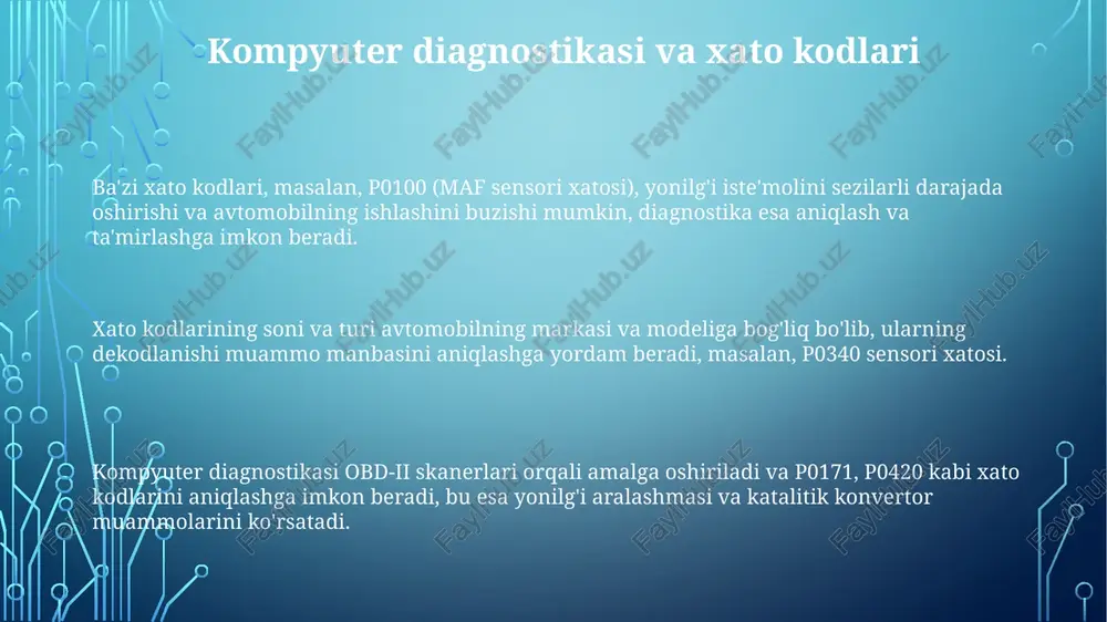 injektor sinagichi yordamida tekshirish mumkin. nosoz injektorlar yong'inga sabab bo'lishi mumkin. yonilg'i miqdorini boshqarish sensorlarining ishlashini 1-5v signallarini o'lchash orqali tekshirish mumkin. nosoz sensorlar yonilg'i aralashmasining noto'g'ri tarkibiga olib keladi. yonilg'i nasosining ishga tushishi 5-12v kuchlanishi bilan boshqariladi va uning ishlashini tekshirish uchun multimetrdan foydalanish mumkin. yonilg'i nasosi relesining ishlashini ham tekshirish kerak. yoqilg'i filtri va uning tozaligi yoqilg'i filtrining to'g'ri ishlashi dvigatelning samaradorligi va uzoq umrini ta'minlash uchun juda muhim; uning tıkanması 20% gacha yoqilg'i sarfini oshirishi mumkin. yoqilg'i filtri 15,000-20,000 km yurishdan keyin yoki 1 yildan keyin almashtirilishi kerak, chunki u ifloslanganda yoqilg'i oqimini cheklaydi va dvigatelning ishlashiga salbiy ta'sir ko'rsatadi. filtrning ifloslanish darajasini tekshirish uchun uni ochib, uning ichidagi elementning holatini ko'rish mumkin. agar element qora yoki juda iflos bo'lsa, uni almashtirish zarur. to'liq tozalash imkoniyati yo'q. yoqilg'i tizimining asosiy tarkibiy qismlari yoqilg'i quyish tizimi odatda 3 ta asosiy qismdan: yonilg'i bakidan, yonilg'i pompasi va yonilg'i filtriga …