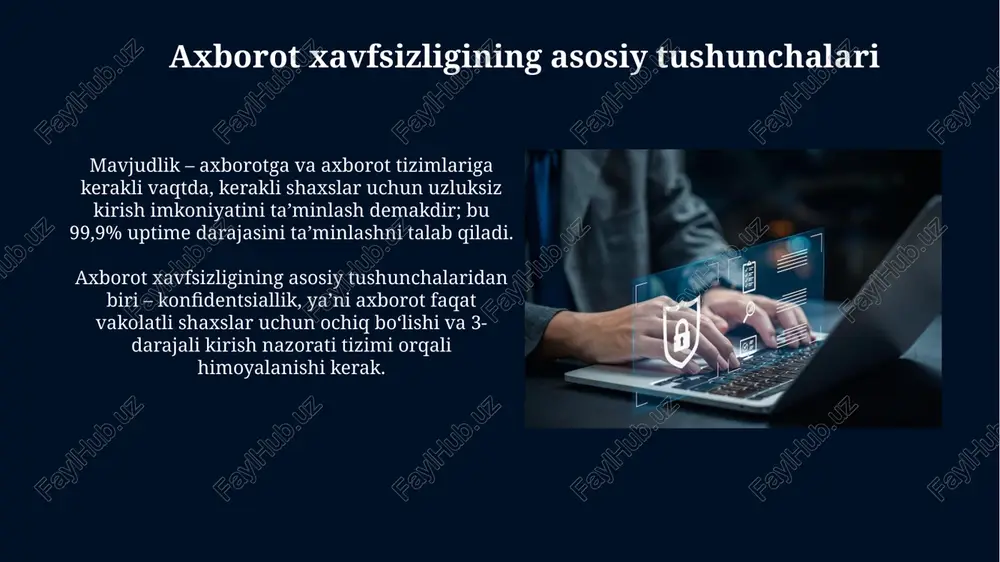 i qo'llash, xodimlarni o'qitish va muntazam auditlarni o'tkazish. bu holda ma'lumotlar yo'qotilishining ehtimoli 15% ga kamayadi. zamonaviy tahdidlar va ularga qarshi kurash iot qurilmalari sonining 2025-yilga kelib 75 milliarddan oshishi kutilmoqda, bu esa ularda zaifliklarning ko'payishi va keng miqyosli ddos hujumlari xavfini oshiradi. ma'lumotlarni shifrlashning aes-256 kabi kuchli algoritmlaridan foydalanish va ikki omilli autentifikatsiya tizimlarini joriy etish kiberxavfsizlik darajasini sezilarli darajada oshiradi. qonunchilik va me'yoriy hujjatlar o'zbekiston respublikasining "elektron raqamli imzo to'g'risida"gi qonuni elektron hujjatlarning yuridik kuchini va ularning xavfsizligini ta'minlash uchun 128 bitlik va undan yuqori kriptografik kalitlardan foydalanishni majburiy qiladi. axborot xavfsizligi sohasidagi qonunchilik 20 dan ortiq qonun va qarorlarni, shu jumladan "axborotlashtirish to'g'risida"gi qonunni o'z ichiga oladi va bu hujjatlar davlat sirlarini himoya qilish, shaxsiy ma'lumotlarni muhofaza qilish kabi muhim masalalarni tartibga soladi. himoya vositalari va texnologiyalari himoya devorlari (firewall) tarmoqdagi noqonuniy kirishlardan himoya qilish uchun 200 dan ortiq portlarni nazorat qilib, xavfsizlik siyosatiga muvofiq filtrlaydi va …