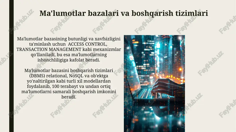 da kiberhujumlar soni 400% ga oshgan bo'lib, bu esa kiberxavfsizlik mutaxassislariga bo'lgan talabni keskin oshirdi va yangi himoya mexanizmlarini ishlab chiqishga undadi. dasturiy ta'minot muhandisligi dasturiy ta'minot muhandisligi loyihalarining 80% muvaffaqiyatsizligi etarlicha rejalashtirish va testlashning e’tiborsiz qoldirilishi bilan bog'liq. dasturiy ta'minot muhandisligi 5 bosqichli model (tashkil etish, tahlil, loyihalash, amalga oshirish, sinov) orqali murakkab dasturiy mahsulotlarni yaratish jarayonini boshqaradi va optimallashtiradi. sun'iy intellekt va mashinani o'rganish mashinani o'rganishning chuqur o'rganish (deep learning) usuli neyron tarmoqlarining 100 dan ortiq qatlamlarini ishlatib, inson miyasining ishlashini taqlid qiladi va yuqori aniqlikdagi natijalarga erishadi. sun'iy intellekt algoritmlari, katta ma'lumotlar to'plamlaridan (masalan, 100 terabayt va undan ortiq) o'rganib, murakkab muammolarni, jumladan, tasvirni aniqlash va tabiiy tilni qayta ishlashni hal qila oladi. axborot texnologiyalari tushunchasi zamonaviy at tizimlari, katta hajmdagi ma'lumotlarni (big data) qayta ishlash, sun'iy intellekt (ai) va mashinani o'rganish (ml) algoritmlarini qo'llash orqali, muammolarni samarali hal qilish imkonini beradi, natijada 30% gacha unumdorlik oshishi …